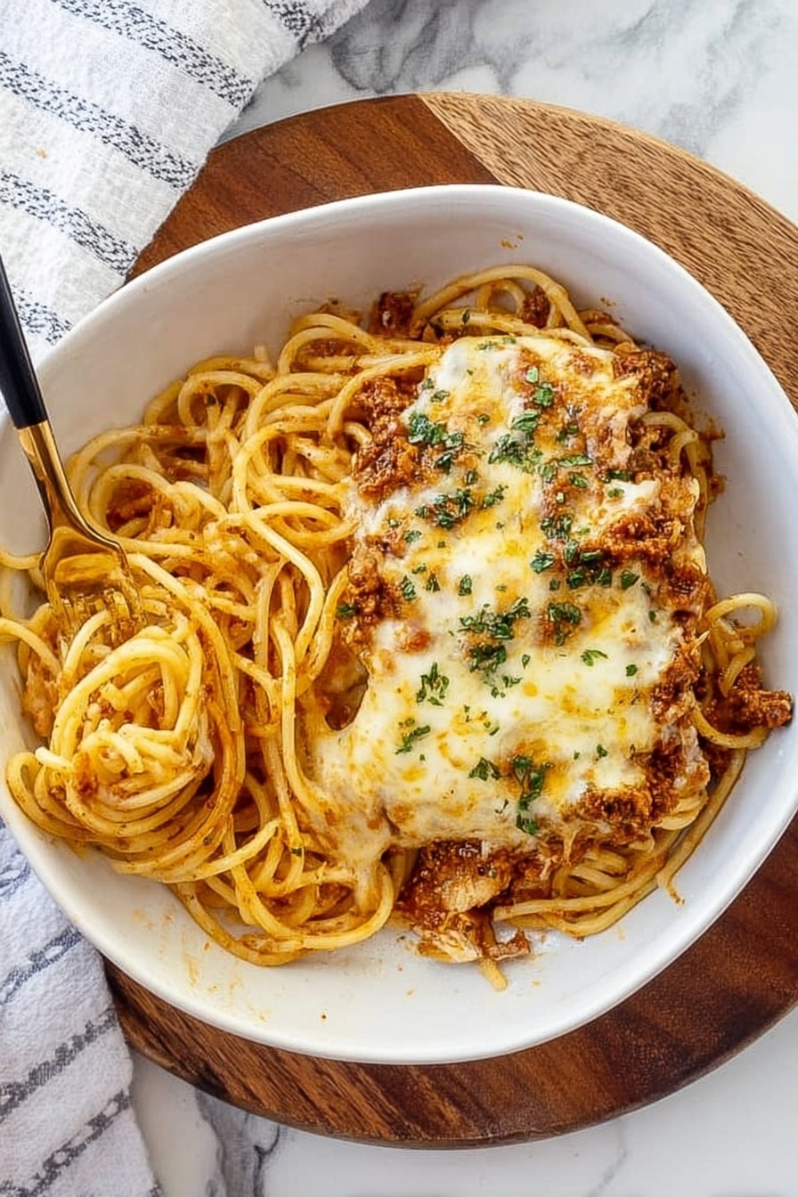 A white bowl filled with two main layers, the bottom layer is a serving of thick spaghetti noodles in a light orange sauce mixed with crumbled brown meat scattered throughout. The top layer is a rectangular piece of chicken covered with bubbly, browned melted cheese and sauce dripping over the edges. The dish is sprinkled thinly with chopped green herbs for color. A gold fork with a dark handle rests on the bottom left edge of the bowl with a woman's hand holding it. The bowl is placed on a wooden board, and the background is a white marbled surface with a white and gray striped cloth partially visible. Photo taken with an iphone --ar 2:3 --v 7 - Creamy Cheesy Million Dollar Spaghetti, cheesy baked spaghetti, easy casserole recipes, hearty comfort food dinner, family-friendly spaghetti bake