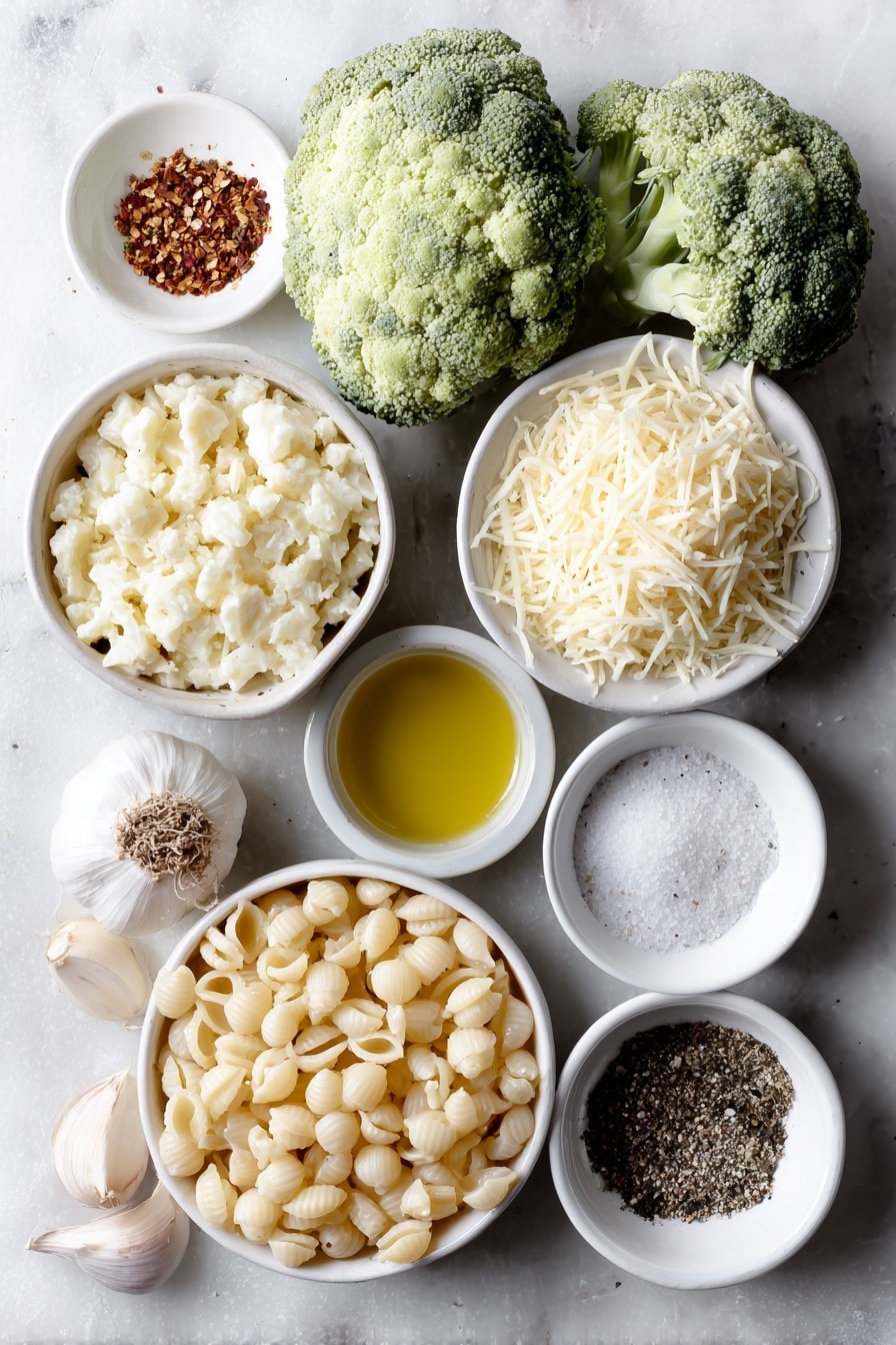 Flat lay of dried small shell pasta, two big fresh broccoli heads, a small white bowl with shredded pale yellow cheese, a small white bowl with grated parmesan cheese, a small white bowl holding bright yellow lemon zest, a small white bowl with fresh lemon juice, a small white bowl filled with golden extra virgin olive oil, two whole uncracked brown garlic cloves, a small white bowl with mixed dried herbs, a small white bowl containing red pepper flakes, a small white bowl with white granulated sugar, a small white bowl with salt, and a small white bowl with black pepper, all arranged in perfect symmetry on a clean white ceramic surface placed on a clean white marble surface, soft natural light, photo taken with an iPhone, professional food photography style, fresh ingredients, white ceramic bowls, no bottles, no duplicates, no utensils, no packaging --ar 2:3 --v 7 --p m7354615311229779997 - Quick Broccoli Pasta with Lemon and Cheese, easy broccoli pasta recipe, quick lemon broccoli pasta, healthy cheesy pasta, 15-minute pasta dinner