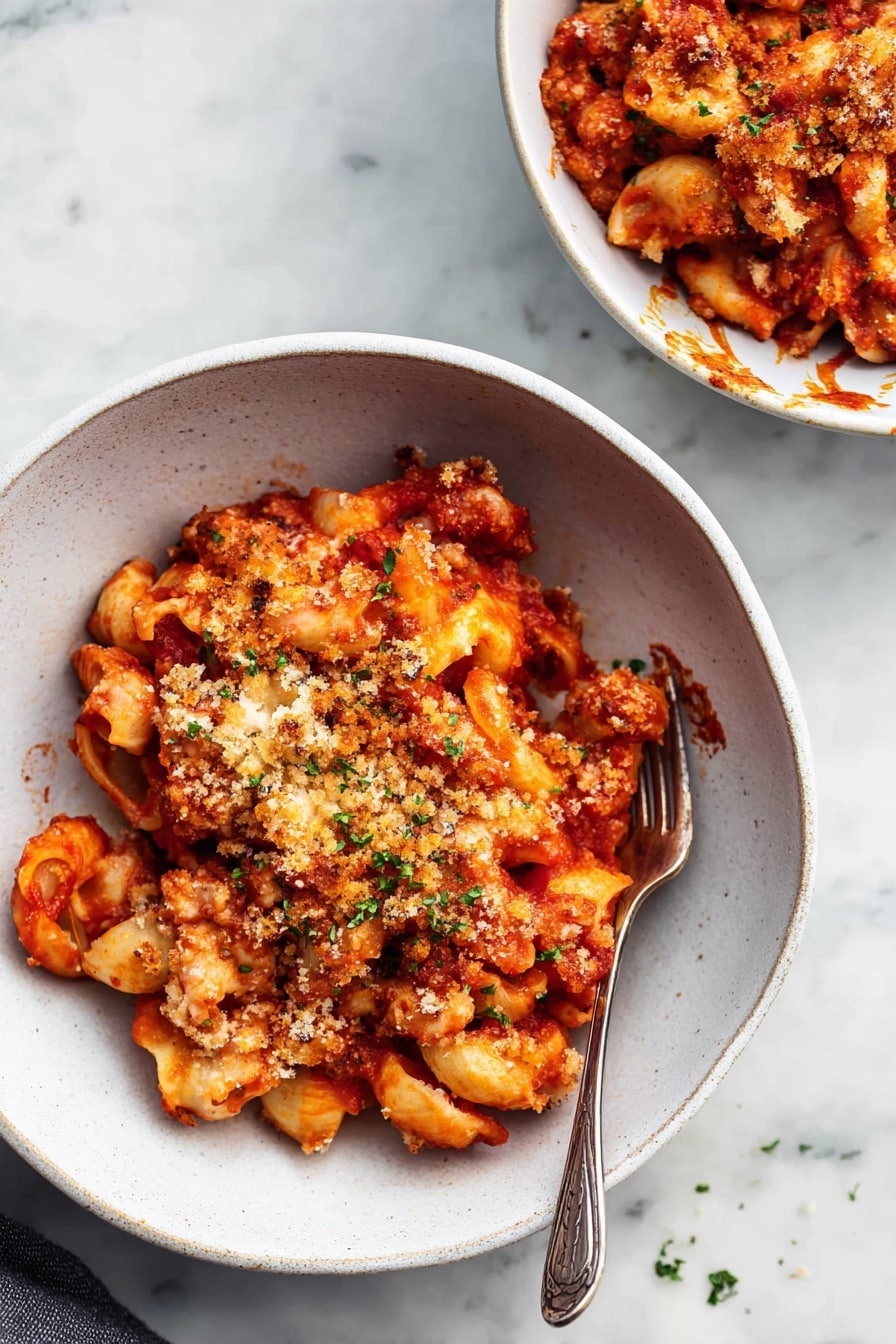 The image shows two white bowls of baked pasta on a white marbled surface, each filled with a layered dish made from curved pasta coated in a thick red tomato sauce. The pasta layer is mixed with melted cheese that peeks through in some spots, topped with a golden crumbly layer, likely toasted breadcrumbs, and sprinkled with finely chopped green herbs. A silver fork rests inside the front bowl, with some sauce on its tines, and a woman's hand gently holding a utensil is partially visible in the upper right corner. Small bits of herbs are scattered on the white marbled surface around the bowls. Photo taken with an iphone --ar 2:3 --v 7 - One Pot Chicken Parmesan Pasta, chicken parmesan pasta, easy chicken pasta recipe, one pot pasta dinner, quick weeknight pasta