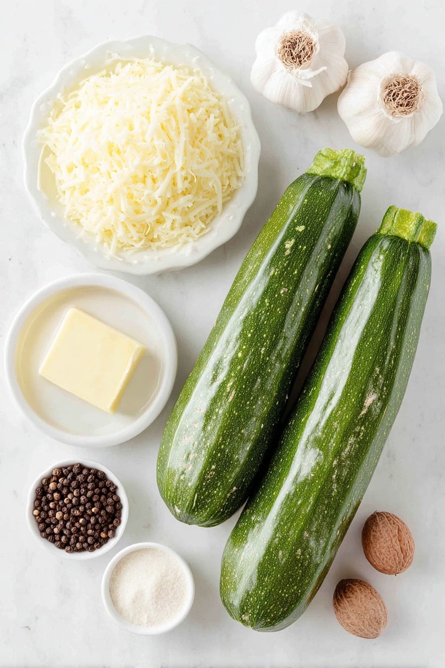Flat lay of three fresh medium zucchini, a small pat of unsalted butter on a white ceramic plate, two whole uncracked garlic cloves, a small white bowl of grated parmesan cheese, a small white bowl of heavy cream, a small white bowl of unsweetened almond milk, a whole nutmeg seed beside a small white bowl with ground nutmeg powder, a small white bowl with a white powder of arrowroot powder, and a small white bowl containing whole black peppercorns, all arranged symmetrically and naturally, placed on a clean white marble surface, soft natural light, photo taken with an iPhone, professional food photography style, fresh ingredients, white ceramic bowls, no bottles, no duplicates, no utensils, no packaging --ar 2:3 --v 7 --p m7354615311229779997 - Zucchini Alfredo, healthy zucchini Alfredo, low carb Alfredo with zucchini, creamy zucchini pasta, quick Zucchini Alfredo dinner
