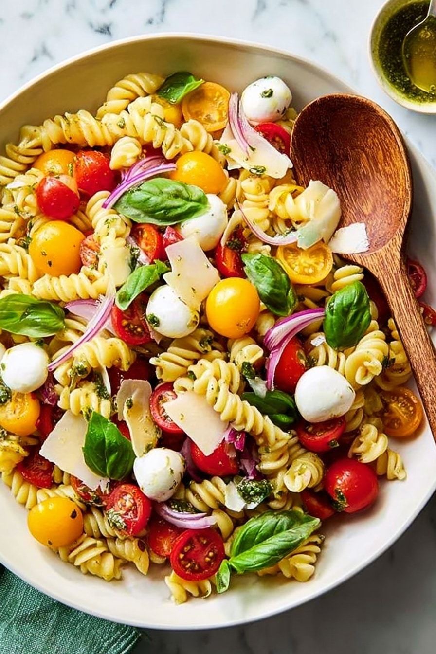 The dish is a colorful pasta salad served in a white bowl on a white marbled surface. It has three main layers visually: the bottom layer is light yellow spiral pasta filling the bowl, the middle layer is made up of vibrant red and yellow cherry tomato halves along with small white mozzarella balls scattered evenly, and the top layer consists of fresh green basil leaves, thin slices of purple onion, and thin white shavings of cheese arranged lightly on top. A wooden spoon rests on the salad, partly submerged among the ingredients. The overall look is fresh, bright, and inviting. Photo taken with an iphone --ar 2:3 --v 7 - Caprese Pasta Salad with Fresh Tomatoes, easy summer pasta salad, cherry tomato pasta salad, mozzarella basil pasta, quick Italian pasta salad