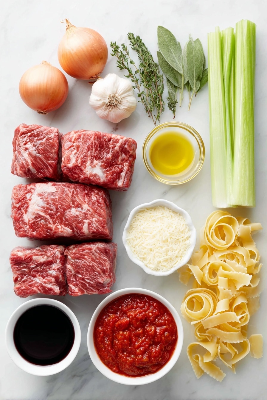 Flat lay of a large chunk of raw chuck beef cut into four pieces, three whole brown garlic cloves, one medium yellow onion peeled and whole, a small bunch of fresh bright orange carrot sticks, a few fresh celery stalks with leaves attached, a small white ceramic bowl filled with crushed ripe red tomatoes, a smaller white bowl with smooth deep red tomato paste, two whole dried bay leaves positioned neatly, three fresh sprigs of green thyme, a small white bowl with golden olive oil, a small white bowl holding a deep red full-bodied red wine, a small white bowl of clear water, a pile of dried pappardelle pasta ribbons arranged flat, a small pile of fresh green parsley leaves, and a small pile of freshly grated pale yellow parmesan cheese, all arranged with perfect symmetry on a clean white marble surface, soft natural light, photo taken with an iPhone, professional food photography style, fresh ingredients, white ceramic bowls, no bottles, no duplicates, no utensils, no packaging --ar 2:3 --v 7 --p m7354615311229779997 - Slow Cooked Beef Ragu with Pasta, Italian beef ragu, hearty pasta dish, slow cooker beef recipes, comfort food pasta