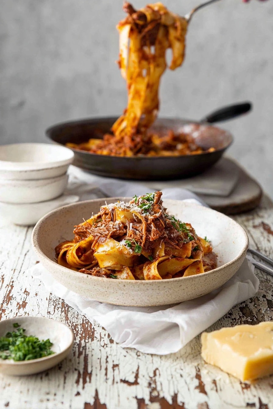 A white bowl with a rough texture holds several layers of wide flat pasta ribbons in a reddish-brown tomato sauce mixed with shredded meat, topped with green parsley and a sprinkle of grated cheese. Behind it, a dark pan contains more pasta in sauce being lifted upwards, while an empty white bowl rests on a white cloth on a worn white marbled table with chipped paint. To the left of the bowl is a small dish of chopped green herbs, and at the bottom right a grater with a chunk of yellow cheese sits on the table. The scene is light and rustic, photo taken with an iphone --ar 2:3 --v 7 - Slow Cooked Beef Ragu with Pasta, Italian beef ragu, hearty pasta dish, slow cooker beef recipes, comfort food pasta