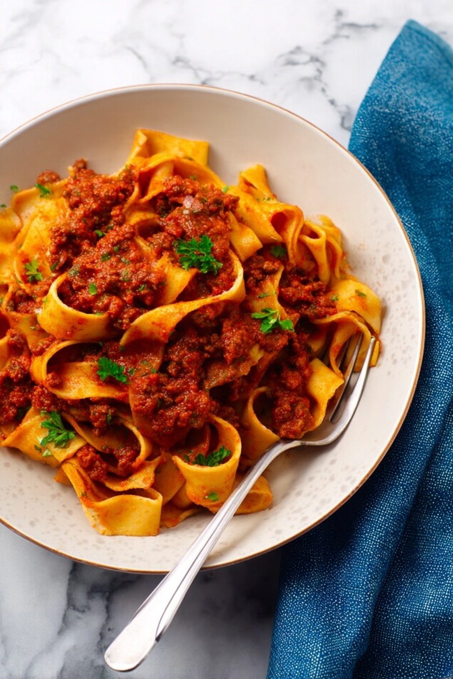 A white bowl filled with wide, flat pasta noodles layered with a thick red meat sauce. The noodles are curled and folded in the bowl, covered unevenly with chunks of sauce showing some texture from the meat. Small green parsley leaves are scattered on top as garnish. A silver fork rests on the edge of the bowl. The bowl is placed on a white marbled surface with a blue cloth napkin beside it. photo taken with an iphone --ar 2:3 --v 7 - Slow Cooker Pappardelle Bolognese, easy slow cooker Bolognese, hearty pasta sauce, Italian slow cooker recipes, comforting weeknight dinners