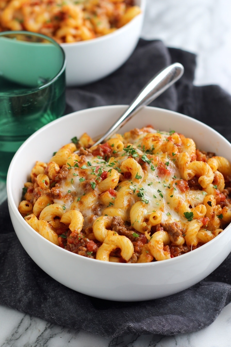 The image shows a white bowl filled with a layered pasta dish. The bottom layer is curly pasta mixed with a red sauce containing small pieces of browned meat. On top, there is melted cheese that is bubbly and slightly browned, sprinkled with finely chopped green herbs. The bowl has a spoon resting inside. In the background, another white bowl holds more of the same pasta dish, and a clear green glass is placed nearby. The setup is on a dark cloth over a white marbled surface. Photo taken with an iphone --ar 2:3 --v 7 - One-Pot Chili Mac and Cheese, chili mac and cheese recipe, easy comfort food, cheesy chili pasta, one-pot dinner idea