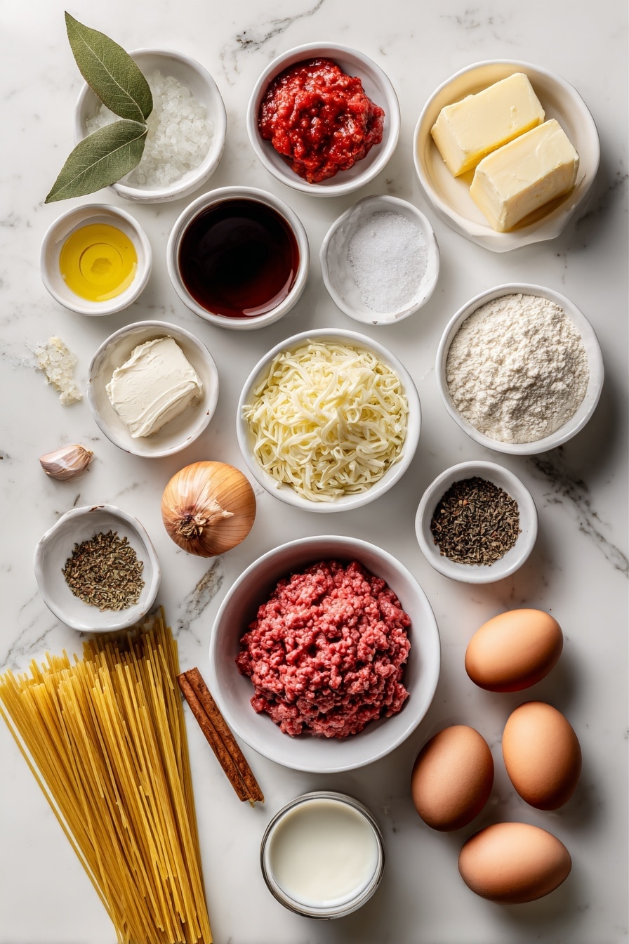 Flat lay of small white ceramic bowls containing golden olive oil, finely minced garlic cloves, finely chopped red onions, a mound of fresh raw ground beef, small bowl of dry red wine, crushed ripe red tomatoes in a white bowl, crumbled beef bouillon cubes, a dollop of deep red tomato paste, a single glossy bay leaf, a cinnamon stick beside a small pile of cinnamon powder, a small pinch of ground cloves, granulated white sugar in a bowl, black peppercorns beside fine salt crystals, a slab of unsalted butter, plain all purpose flour in a bowl, whole milk in a small white bowl, freshly grated nutmeg, finely shredded pale yellow kefalotyri cheese, two whole uncracked brown eggs, uncooked golden yellow Pastitsio No. 2 Greek bucatini pasta strands neatly arranged, crumbled white feta cheese, two whole uncracked white eggs, finely grated pale yellow kefalotyri cheese all arranged symmetrically and proportionally, placed on a clean white marble surface, soft natural light, photo taken with an iPhone, professional food photography style, fresh ingredients, white ceramic bowls, no bottles, no duplicates, no utensils, no packaging --ar 2:3 --v 7 --p m7354615311229779997 - Greek Pastitso Pasta Bake, Greek pasta casserole, Greek baked pasta, Mediterranean pasta dish, hearty Greek comfort food