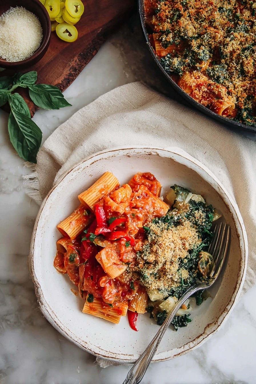 The dish is served in a large white rustic ceramic bowl placed on a white marbled surface with a beige cloth underneath. The bowl is divided into two main layers: on the left side, there is a layer of rigatoni pasta coated in a bright red tomato sauce with visible pieces of red bell pepper and scattered herbs, giving it a slightly chunky and textured look. On the right side, there is a layer of cooked leafy greens mixed with small chunks of pale vegetables, topped with a generous layer of golden-brown toasted breadcrumbs that add a crispy texture. A silver fork rests inside the bowl on the right side. In the background, there is a round black skillet filled with the same breadcrumb-topped greens, a small dark brown bowl of grated cheese, a few slices of yellow pickled peppers, and fresh basil leaves on a wooden board. Photo taken with an iphone --ar 2:3 --v 7 - Spicy Chicken Riggies with Tomato Cream Sauce, Chicken Riggies recipe, spicy chicken pasta, creamy tomato chicken dish, upstate New York chicken riggies