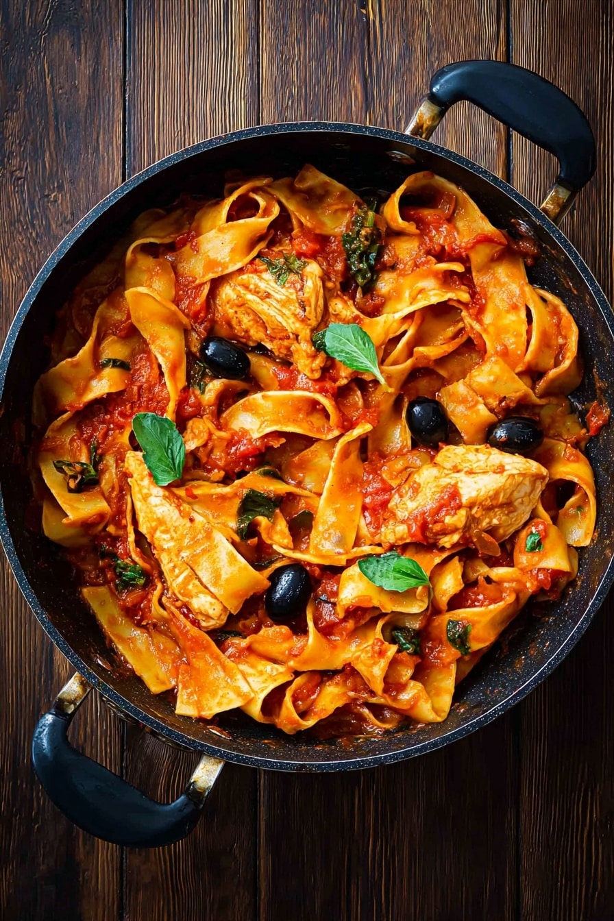 A black pan with two black handles holds a dish of wide, flat pasta ribbons mixed in a thick red tomato sauce. Two pieces of cooked chicken, golden brown and firm, sit among the pasta. Scattered black olives and small green leaves, likely basil, add contrast to the deep orange-yellow pasta and red sauce. The pan rests on a dark wooden surface. photo taken with an iphone --ar 2:3 --v 7 - Chicken Cacciatore Pasta, Italian chicken pasta, hearty chicken pasta recipes, braised chicken with pasta, comforting Italian dinner