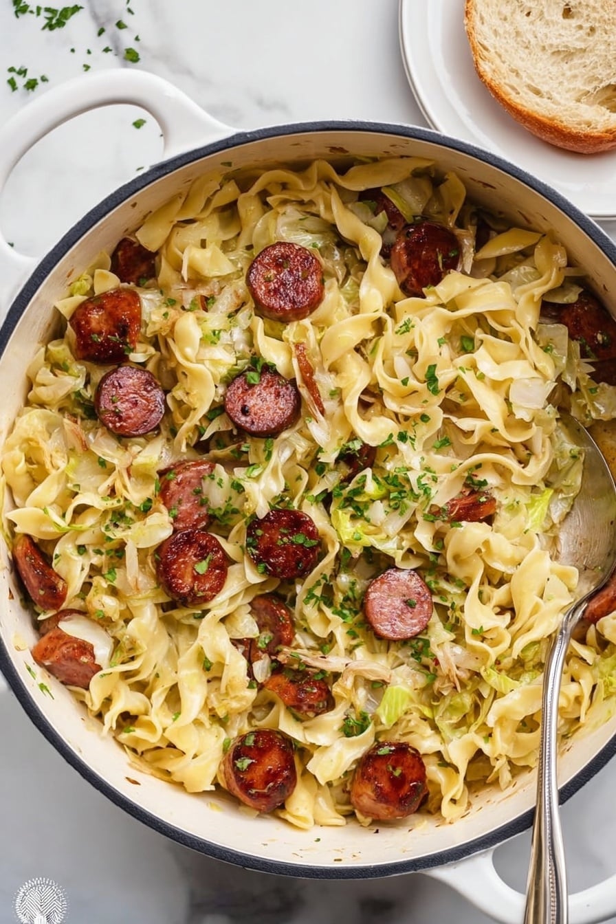 The dish is shown in a large white pot with a dark rim, filled with curly light yellow egg noodles mixed with slices of browned, reddish-brown sausage scattered evenly throughout. There are bits of cooked, pale green and white cabbage mixed in among the noodles. Small pieces of cooked onion and finely chopped green herbs are sprinkled on top, adding texture and color contrast. The pot sits on a white marbled surface, and a metal spoon is partially placed inside the pot on the right side. In the upper right corner, there is a white plate holding a piece of bread. Photo taken with an iphone --ar 2:3 --v 7 - Easy Kielbasa and Cabbage Haluski, kielbasa and cabbage skillet, hearty cabbage and sausage dish, quick kielbasa cabbage dinner, simple haluski recipe