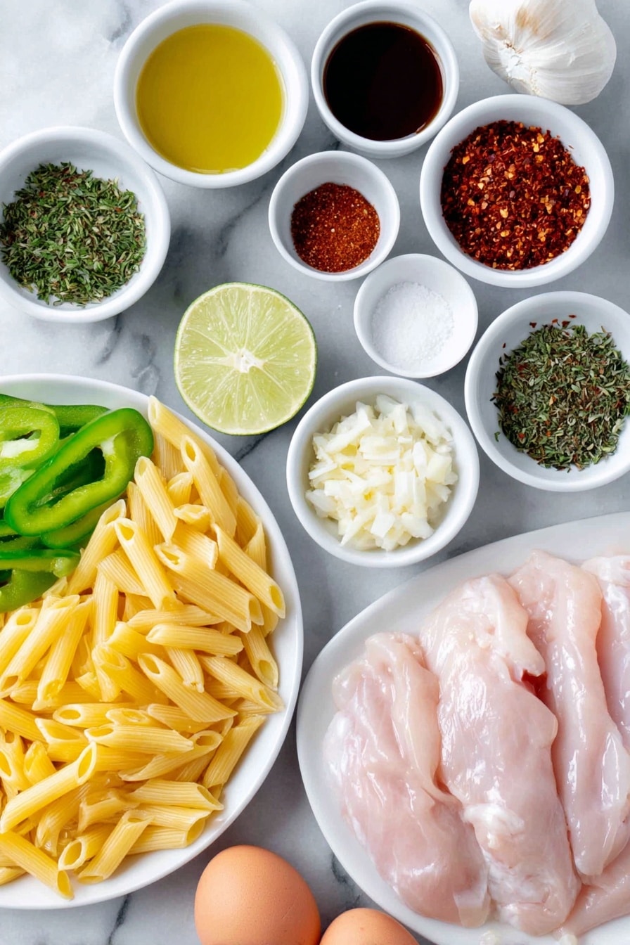 Flat lay of a whole fresh lime halved, a simple white ceramic bowl filled with raw boneless skinless chicken tenderloins, a small white bowl of vibrant red hot jerk seasoning powder, a small white bowl of green herb seasoning, a small white bowl with dark browning sauce, a small white bowl of golden neutral oil, dry uncooked penne pasta neatly arranged on a white ceramic plate, thinly sliced fresh green, red, and yellow bell peppers arranged in linear piles, thinly sliced yellow onion in a small neat pile, three peeled garlic cloves whole next to minced garlic in a small white bowl, two fresh thyme stems with bright green leaves separated, a small white bowl filled with thick heavy cream, small white bowls containing salt, black pepper, and paprika powders separately, a small mound of shredded Parmesan cheese on a white ceramic plate, and two whole uncracked brown eggs placed side by side, all placed on a clean white marble surface, soft natural light, photo taken with an iPhone, professional food photography style, fresh ingredients, white ceramic bowls, no bottles, no duplicates, no utensils, no packaging --ar 2:3 --v 7 --p m7354615311229779997 - Creamy Jerk Chicken Rasta Pasta, Jamaican pasta with jerk chicken, spicy Caribbean pasta, creamy jerk chicken recipe, colorful pasta dishes
