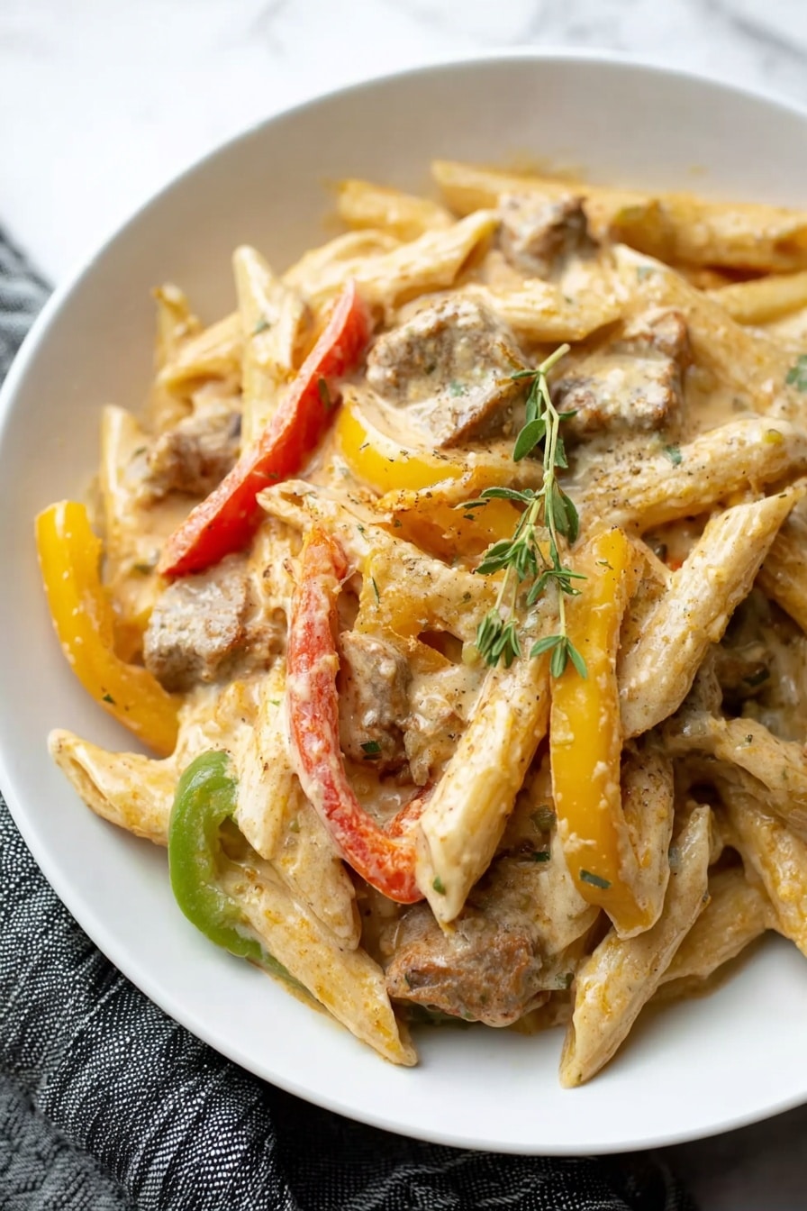 A white bowl filled with penne pasta mixed with creamy sauce and pieces of cooked meat, scattered slices of red, yellow, and green bell peppers add bright colors on top and inside the dish; a small sprig of thyme lies on the center, and the creamy sauce coats the pasta and meat with a slightly rough texture. The background is a white marbled surface with a gray and black striped cloth at the bottom left corner photo taken with an iphone --ar 2:3 --v 7 - Creamy Jerk Chicken Rasta Pasta, Jamaican pasta with jerk chicken, spicy Caribbean pasta, creamy jerk chicken recipe, colorful pasta dishes