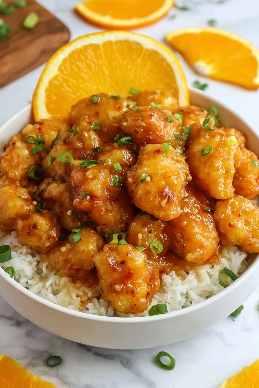 A white bowl filled with white rice at the bottom, topped with two layers of golden brown fried chicken pieces covered in shiny orange sauce. Small pieces of green onion scattered over the chicken for color contrast. In the back of the bowl, a half orange slice is placed as garnish. The bowl sits on a white marbled surface with more orange slices scattered around it. photo taken with an iphone --ar 2:3 --v 7 - Chinese Orange Chicken, homemade orange chicken, crispy orange chicken, orange chicken sauce, easy Chinese chicken