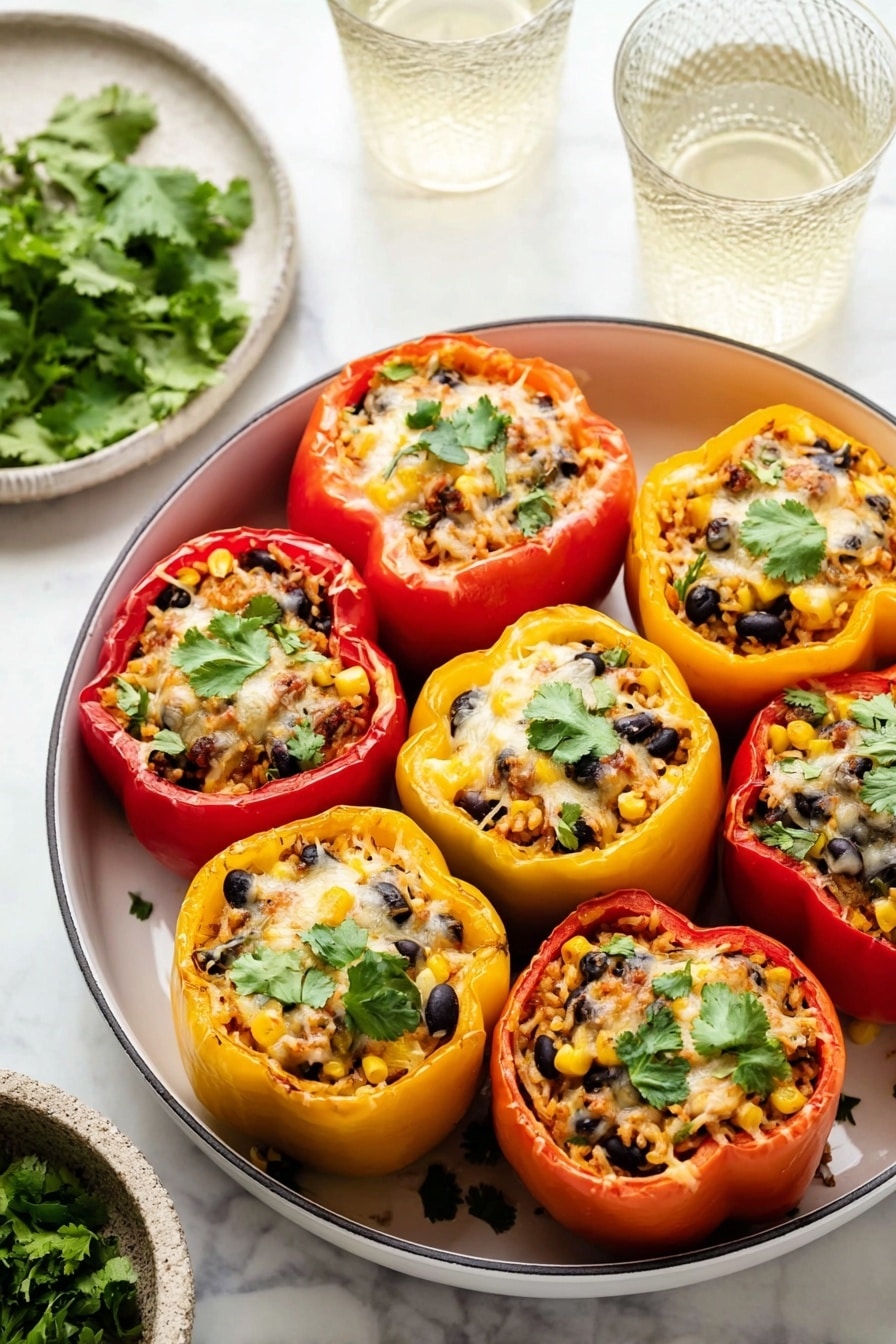 A white round pan filled with nine stuffed bell peppers, arranged closely together in three rows. The bell peppers are red, yellow, and orange, with their tops removed, showing a filling of black beans, corn, rice, melted cheese, and small green herb leaves on top. Each pepper is filled to the brim with a mix of these colorful ingredients, and the melted cheese adds a light golden texture. Some fresh green herb leaves, likely cilantro, are placed on each pepper as garnish. The pan sits on a white marbled surface, with a small bowl of cilantro to the side and two textured clear glasses of light-colored drink in the background. Photo taken with an iphone --ar 2:3 --v 7 - Mexican Stuffed Peppers with Ground Beef, Stuffed Pepper Recipes, Mexican Stuffed Peppers, Ground Beef Stuffed Peppers, Easy Mexican Dinner