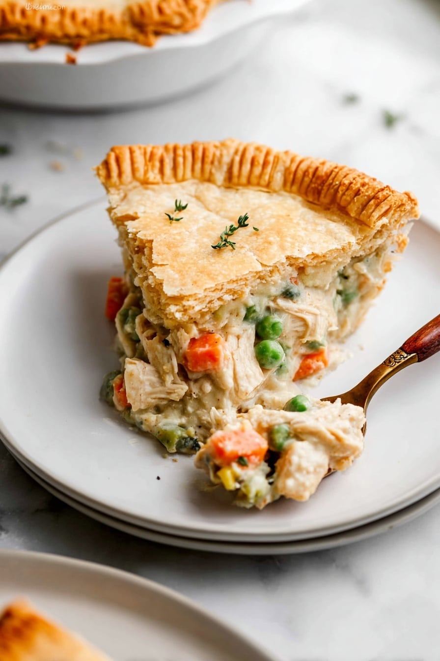 A slice of chicken pot pie with three layers sits on a white plate over another white plate on a white marbled surface. The first layer is a golden brown, firm, slightly cracked top pie crust with a few small green herb sprigs on it. The second layer is a creamy filling with soft white chicken chunks, orange carrot pieces, and bright green peas visible. The third layer is a thick, golden brown crust on the edge, textured with vertical ridges from being pressed down. A fork with a wooden handle holds some filling, resting next to the pie slice on the plate. Photo taken with an iphone --ar 2:3 --v 7 - Homemade Chicken Pot Pie with Flaky Crust, chicken pot pie recipe, easy chicken pot pie, homemade chicken pie, comforting chicken dinner