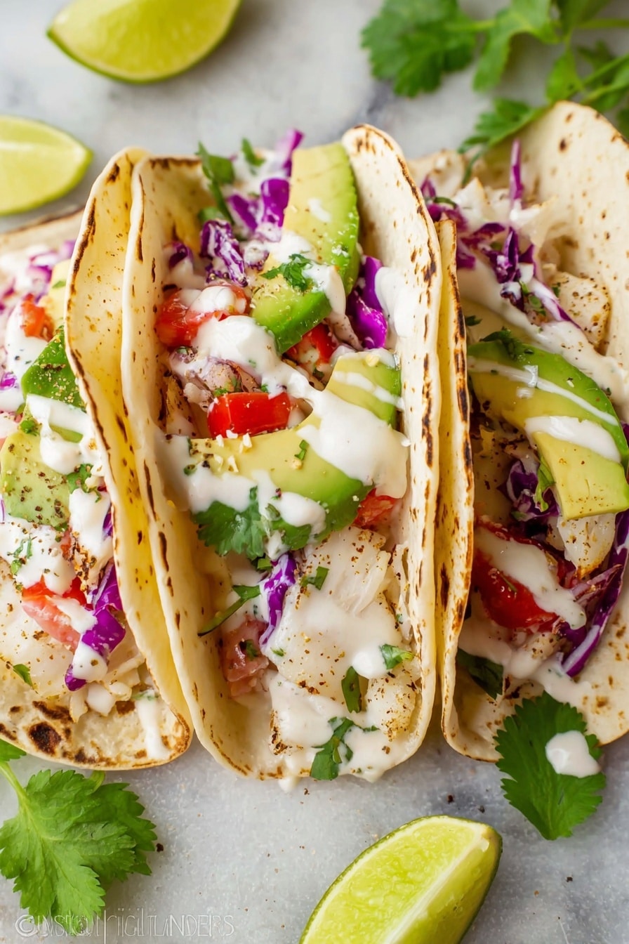 Four tacos are placed on a white oval plate with a blue rim, resting on a white marbled surface. Each taco has three layers of soft, light golden tortillas curved to hold the fillings inside. The bottom layer is grilled fish with a lightly browned texture. On top of the fish is a colorful layer of chopped purple cabbage and small pieces of fresh red tomato. The next layer consists of green avocado chunks and fresh green cilantro leaves scattered across. A generous sprinkle of white crumbly cheese covers the whole taco filling. Four lime wedges are placed on the left side of the plate, and two halves of a lime are on the marbled surface near the bottom right corner. Photo taken with an iphone --ar 2:3 --v 7 - Best Fish Tacos with Lime Crema, fish tacos with lime crema, fish taco recipe, easy fish tacos, flavorful fish tacos