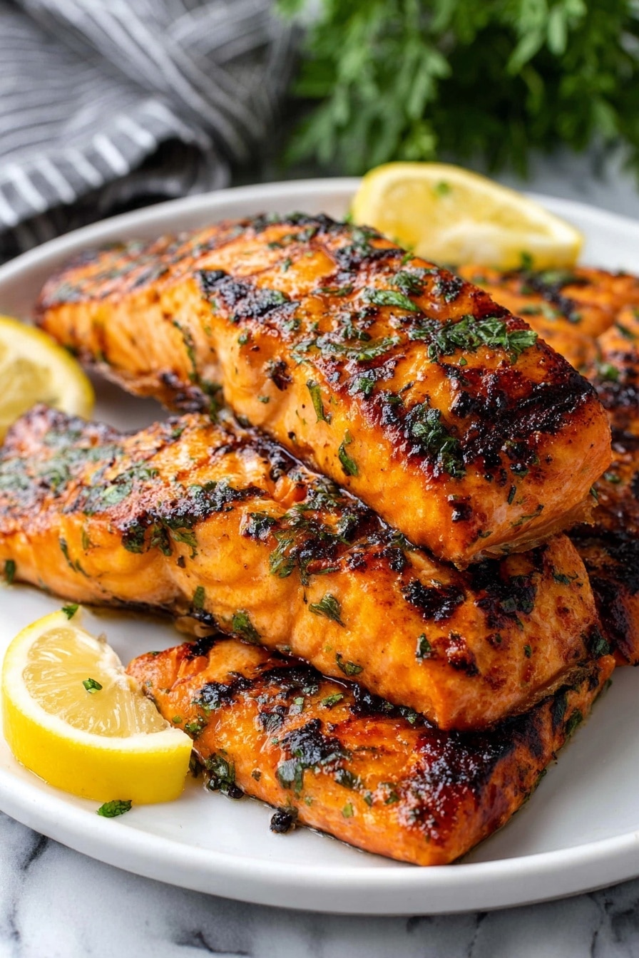 The image shows a white plate filled with four grilled salmon fillets stacked in a slightly overlapping way. The salmon has a rich orange color with darker char marks and small green herb pieces sprinkled all over. The surface of the salmon looks shiny with oil. On top and to the side of the fish, there are two lemon wedges with a fresh yellow color. The plate is placed on a white marbled surface with a blurred green plant and a gray striped cloth in the background. photo taken with an iphone --ar 2:3 --v 7 - Grilled Salmon with Delicious Marinade, tasty grilled salmon marinade, easy salmon marinade recipe, flavorful seafood dinner, healthy grilled salmon
