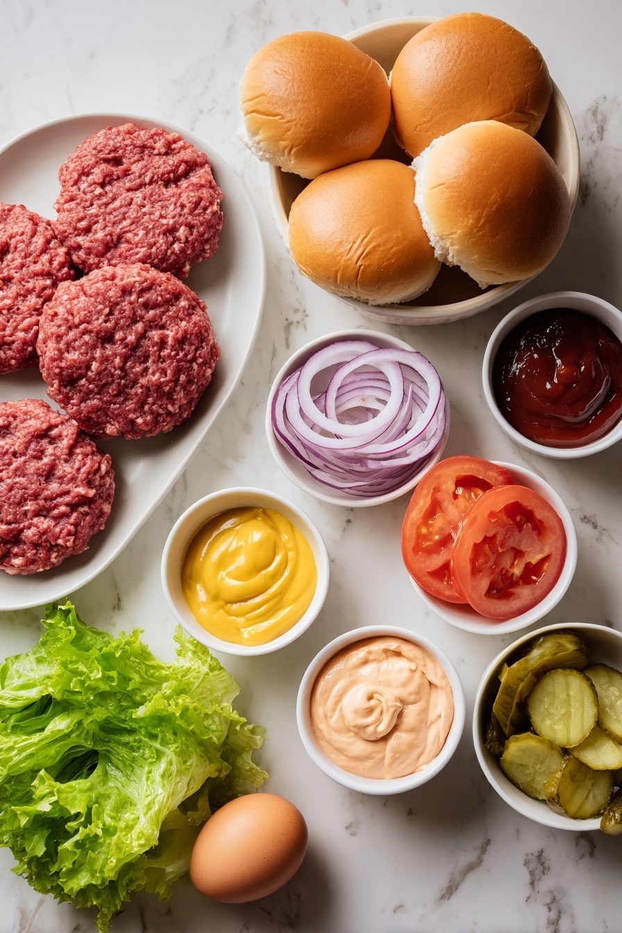 Flat lay of fresh raw ground beef formed into round patties, four soft golden burger buns with fluffy interiors, crisp green torn romaine lettuce leaves, thick red tomato slices, delicate rings of purple-red onion, thin slices of vibrant green gherkins, eight whole brown eggs with clean shells in a simple white ceramic bowl, small white ceramic bowls each containing creamy orangey-pink special burger sauce, rich red ketchup, smooth yellow mustard, and glossy dark red tomato chutney, all arranged with perfect symmetry and balanced proportions on a clean white marble surface, soft natural light, photo taken with an iPhone, professional food photography style, fresh ingredients, white ceramic bowls, no bottles, no duplicates, no utensils, no packaging --ar 2:3 --v 7 --p m7354615311229779997 - Ultimate Cheeseburger, cheeseburger recipe, homemade cheeseburger, diner-style burger, juicy cheeseburger