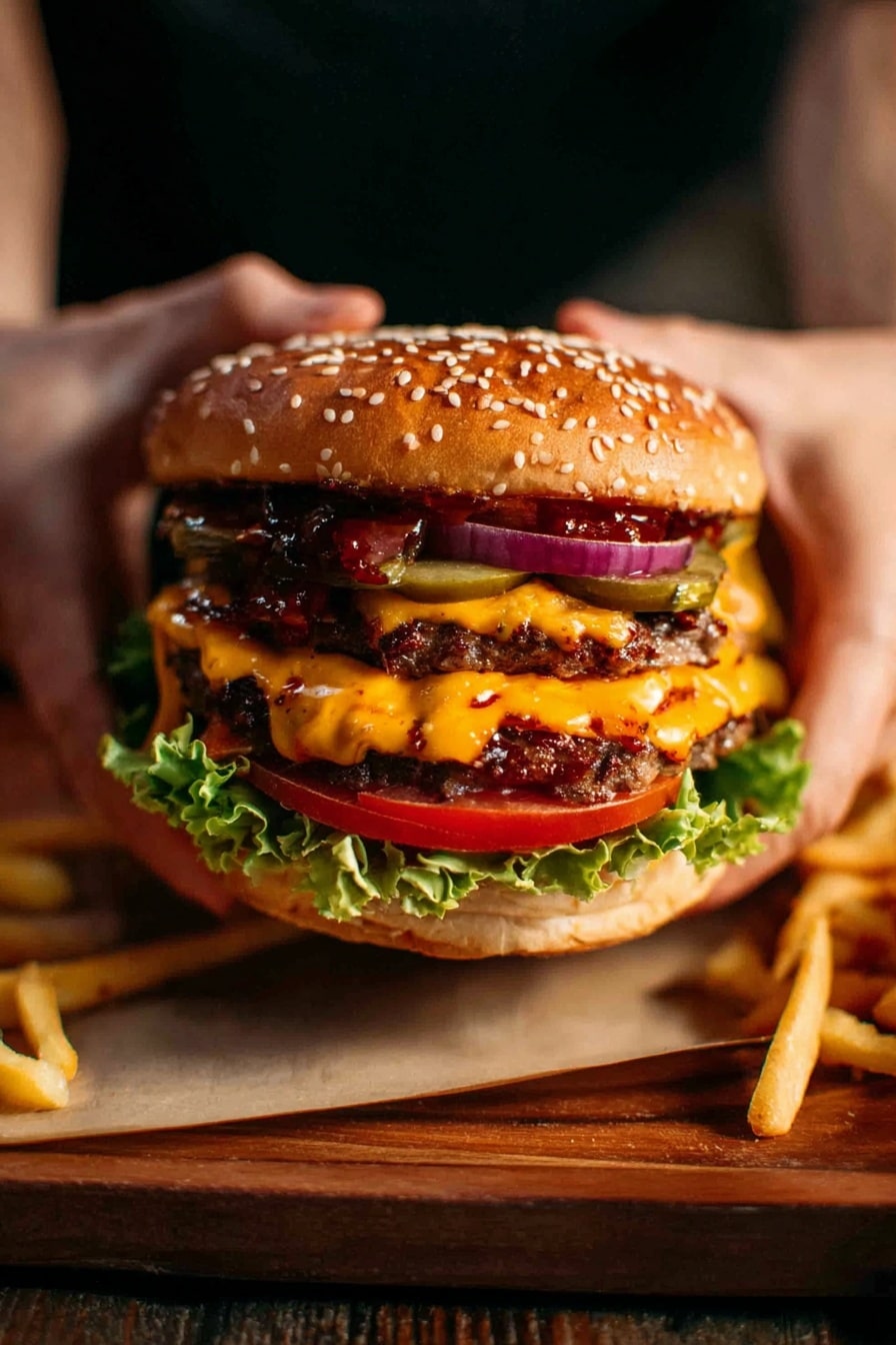 A large cheeseburger held by a pair of woman's hands sits on a wooden board with some golden fries on the side. The burger has a top sesame seed bun that is light brown with white seeds. Below it is a layer of dark red sauce and slices of purple onion. There are green pickle slices under the onions. Two thick beef patties with melted orange cheddar cheese cover the pickle layer. Beneath the patties is a thick slice of red tomato and a green leafy lettuce layer resting on the bottom bun. The scene has a warm, rich color with the burger as the clear focus. The photo taken with an iphone --ar 2:3 --v 7 - Ultimate Cheeseburger, cheeseburger recipe, homemade cheeseburger, diner-style burger, juicy cheeseburger