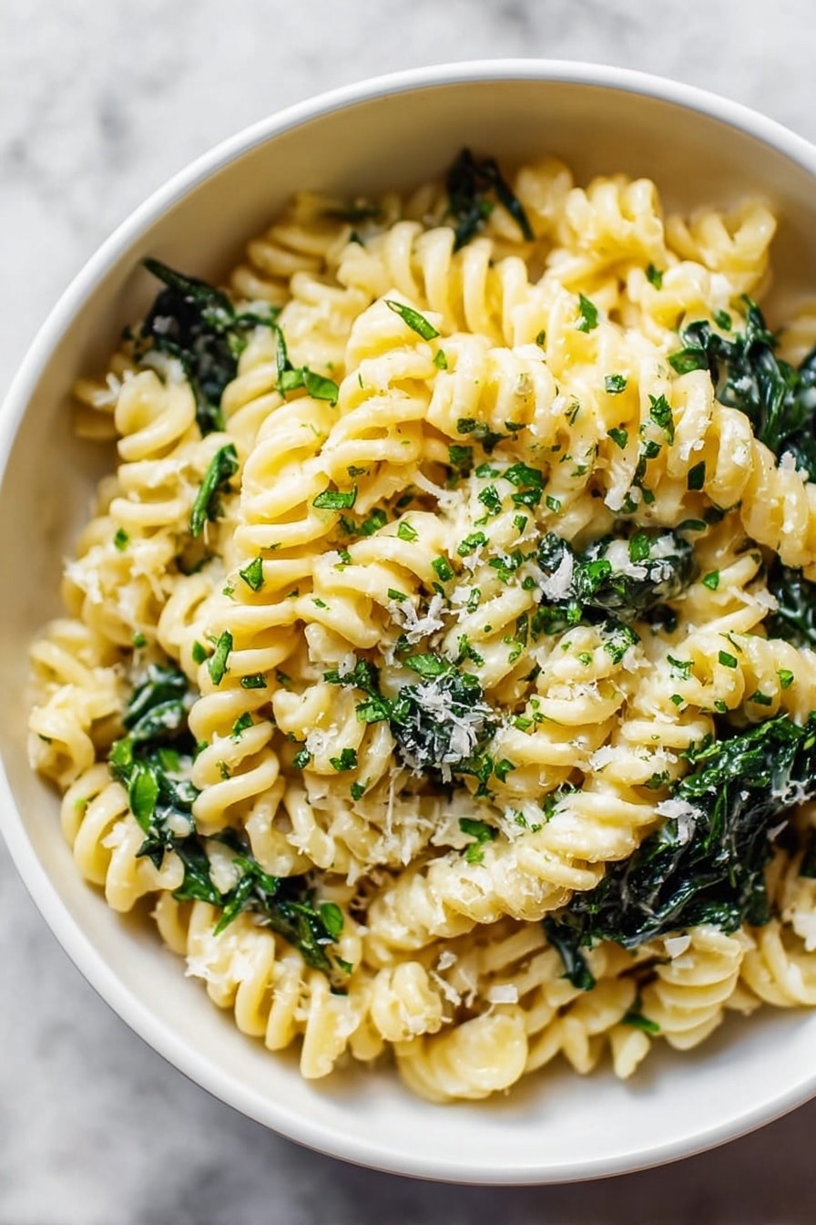 A close-up view of a bowl filled with short spiral pasta in a creamy light yellow sauce mixed with dark green leafy vegetables. The pasta is well coated and sprinkled lightly with small bits of grated white cheese and tiny chopped green herbs. The bowl is white and sits on a white marbled surface, and the overall look is fresh and simple. photo taken with an iphone --ar 2:3 --v 7 - Creamy Spinach Goat Cheese Pasta, best spinach goat cheese pasta, quick creamy pasta with goat cheese, easy spinach and goat cheese pasta, healthy goat cheese pasta