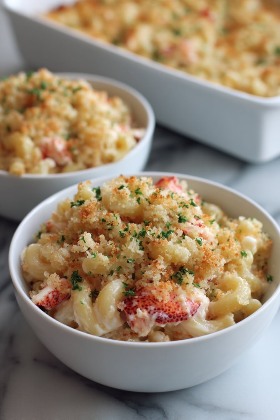 A white bowl filled with three layers: the bottom layer has small pieces of cooked lobster in a pinkish-red color, the middle layer is creamy and pale yellow mac and cheese sauce coating spiral pasta, and on top is a golden brown crunchy crumb topping with small green parsley bits scattered for garnish. In the background, there is another bowl with similar mac and cheese and a white baking dish filled with more of the same dish, all placed on a white marbled surface. photo taken with an iphone --ar 2:3 --v 7 - Creamy Lobster Mac and Cheese, Lobster Mac and Cheese, Gourmet Mac and Cheese with Lobster, Luxurious Lobster Pasta, Easy Lobster Mac and Cheese