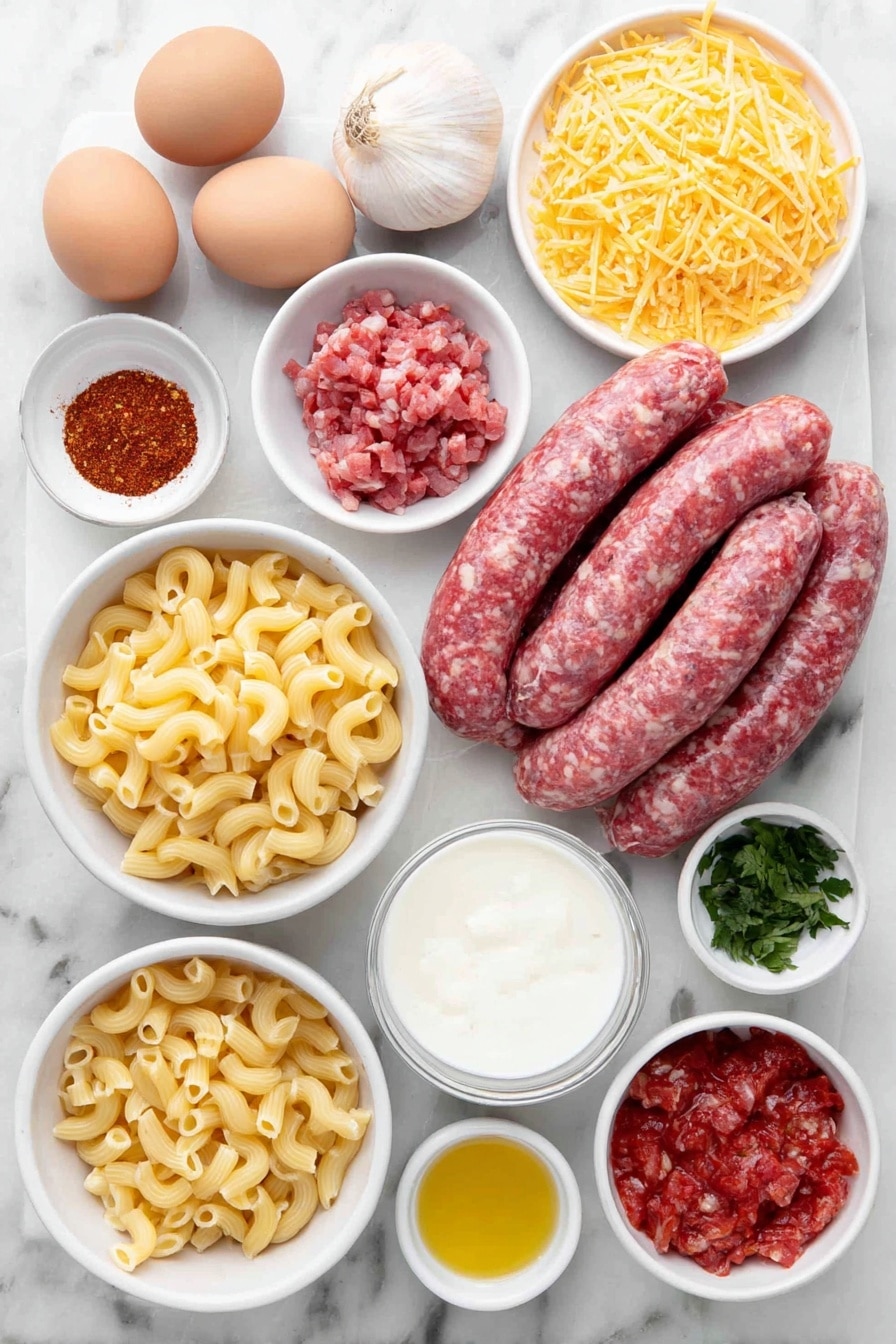 Flat lay of fresh uncooked cavatappi pasta spilling slightly from a simple white ceramic bowl, three whole uncracked brown eggs nestled nearby, a small white bowl filled with bright orange smoked cheddar cheese shreds, a mound of raw chorizo sausage without casing on a white plate, half a shallot whole and showing clean smooth skin, three glossy red chipotle chiles resting beside a small white bowl of finely chopped chipotle in adobo sauce, a small white bowl with golden extra-virgin olive oil, another small white bowl containing creamy whole milk, a handful of fresh bright green cilantro sprigs, a white ceramic bowl with golden brown toasted bread crumbs, a small white bowl filled with bright red diced fire roasted tomatoes (drained), three cloves of fresh garlic with papery skin intact, a small white bowl of fine paprika powder, a small white bowl with sifted white flour, and a whole stick of butter still solid and uncut—arranged with perfect symmetry and natural proportions, placed on a clean white marble surface, soft natural light, photo taken with an iPhone, professional food photography style, fresh ingredients, white ceramic bowls, no bottles, no duplicates, no utensils, no packaging --ar 2:3 --v 7 --p m7354615311229779997 - Chorizo Mac and Cheese, spicy chorizo mac and cheese, creamy chorizo pasta, Tex-Mex mac and cheese, smoky cheddar macaroni