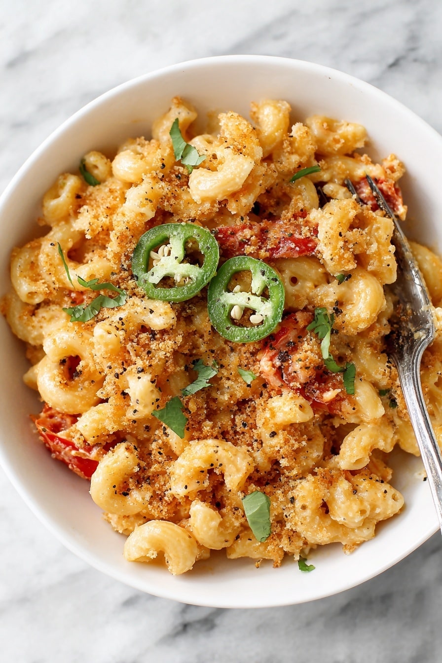 A white bowl filled with a creamy macaroni dish made of spiral pasta covered in a light orange sauce, mixed with pieces of red tomatoes and browned bits. The pasta is topped with a crumbly golden-brown topping and black pepper, with three slices of green jalapeno peppers and a few green cilantro leaves scattered on top. A silver fork is placed in the bowl, resting on the pasta. The bowl is set on a white marbled surface. photo taken with an iphone --ar 2:3 --v 7 - Chorizo Mac and Cheese, spicy chorizo mac and cheese, creamy chorizo pasta, Tex-Mex mac and cheese, smoky cheddar macaroni