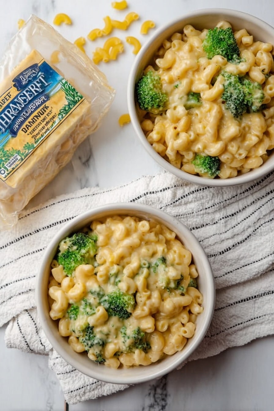 The image shows two white bowls filled with creamy macaroni and cheese mixed with green broccoli florets. The macaroni is light yellow and covered in a smooth cheese sauce, and the broccoli adds a fresh pop of green color. One white bowl is slightly in front of the other, both placed on a white marbled surface. Next to the bowls is a wrapped package of Danish Creamery butter sitting on a white cloth with thin black lines. There are also a few dry uncooked elbow macaroni scattered on the surface near the bowls. photo taken with an iphone --ar 2:3 --v 7 - Broccoli Mac and Cheese, Healthy Broccoli Mac and Cheese, Easy Mac and Cheese with Broccoli, Cheesy Broccoli Pasta, Quick Broccoli Pasta