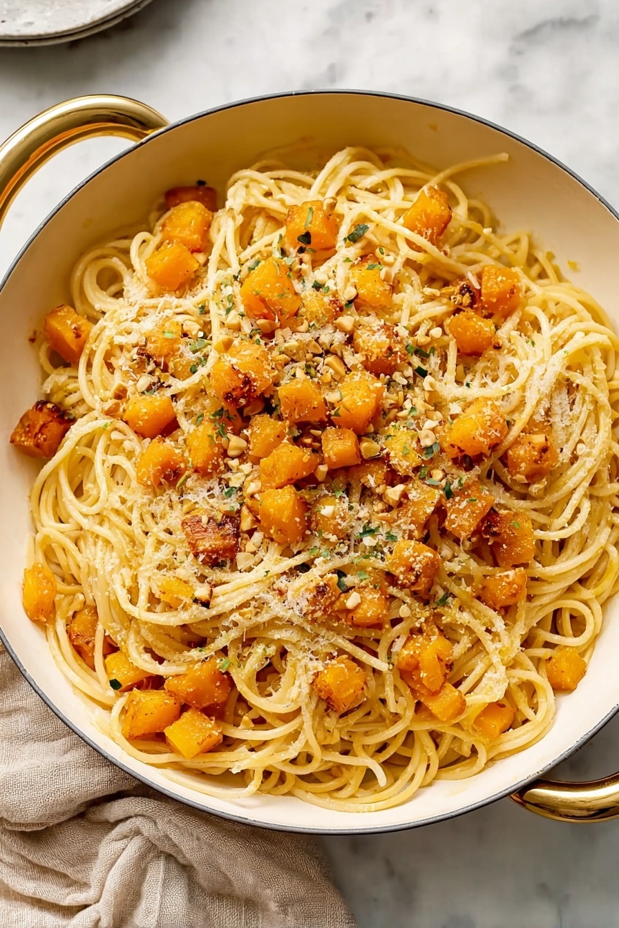 The image shows a white bowl filled with spaghetti pasta mixed with small cubes of roasted orange squash. The spaghetti noodles are long, pale yellow, and slightly shiny, wrapped loosely in some places. The squash cubes are golden orange with some crisp, browned edges, scattered evenly on top and mixed within the noodles. There are small bits of crushed nuts sprinkled over everything, adding texture and light brown specks. Tiny green herb leaves dot the dish, giving a fresh touch. The bowl sits on a white marbled surface. Photo taken with an iphone --ar 2:3 --v 7 - Butternut Squash Pasta with Sage, butternut squash pasta, fall pasta recipes, sage pasta dishes, cozy fall dinner ideas