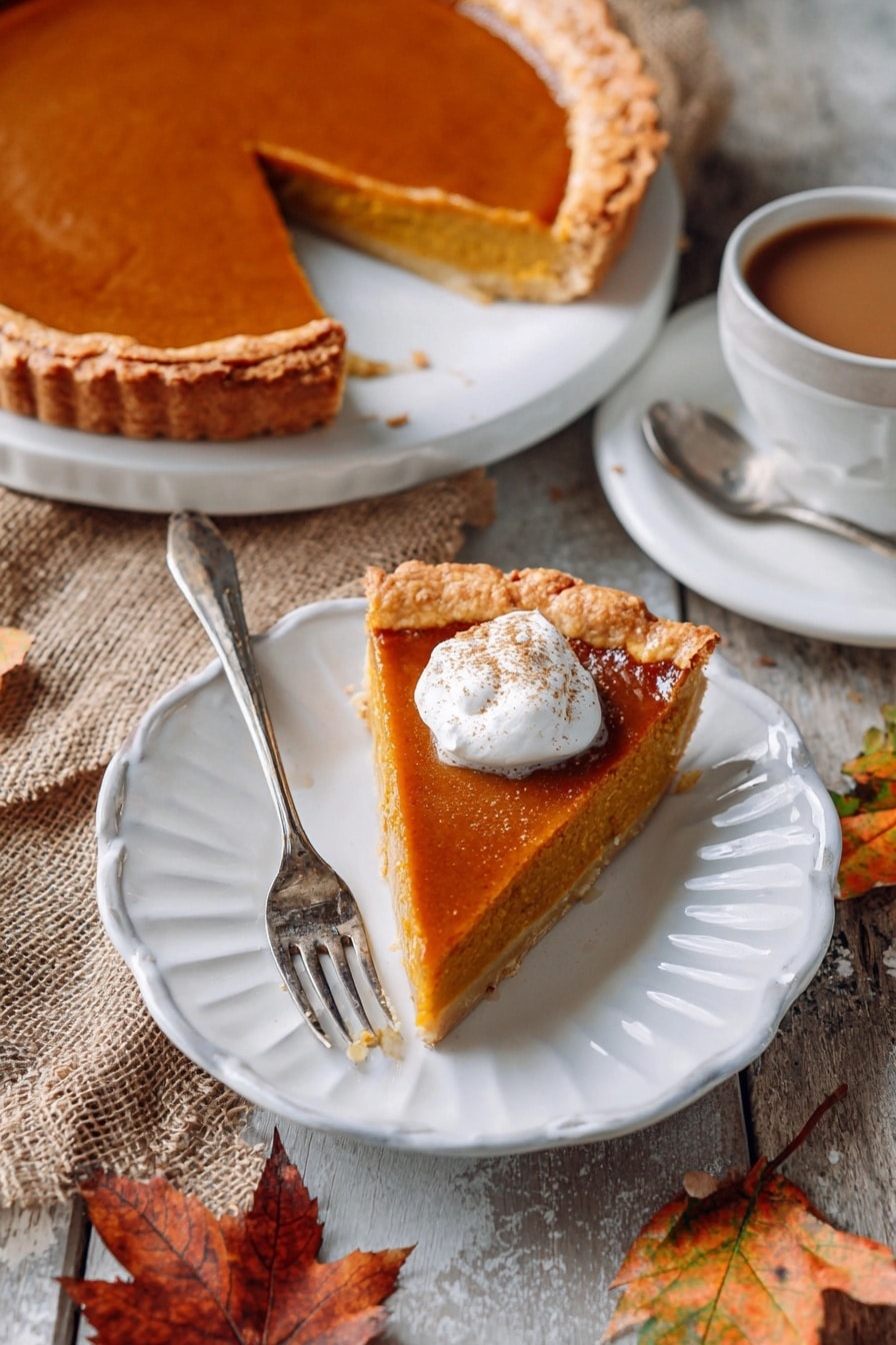 The image shows a slice of pumpkin pie on a white scalloped plate with a silver fork resting on the plate's left side. The pie slice has a thick, golden-brown crust and a smooth, deep orange filling, topped with a dollop of whipped cream. Behind the plate, a whole pumpkin pie with one slice removed is placed on a white marbled surface, revealing the same deep orange filling and flaky crust. Around the plate and pie, there are autumn leaves and a rustic burlap cloth, while to the right, there is a white cup and saucer holding a warm brown beverage with a silver spoon. The scene captures cozy fall vibes with warm colors and textures. photo taken with an iphone --ar 2:3 --v 7 - Butternut Squash Pie, fall dessert recipes, creamy squash pie, cozy pumpkin pie alternative, easy holiday pies