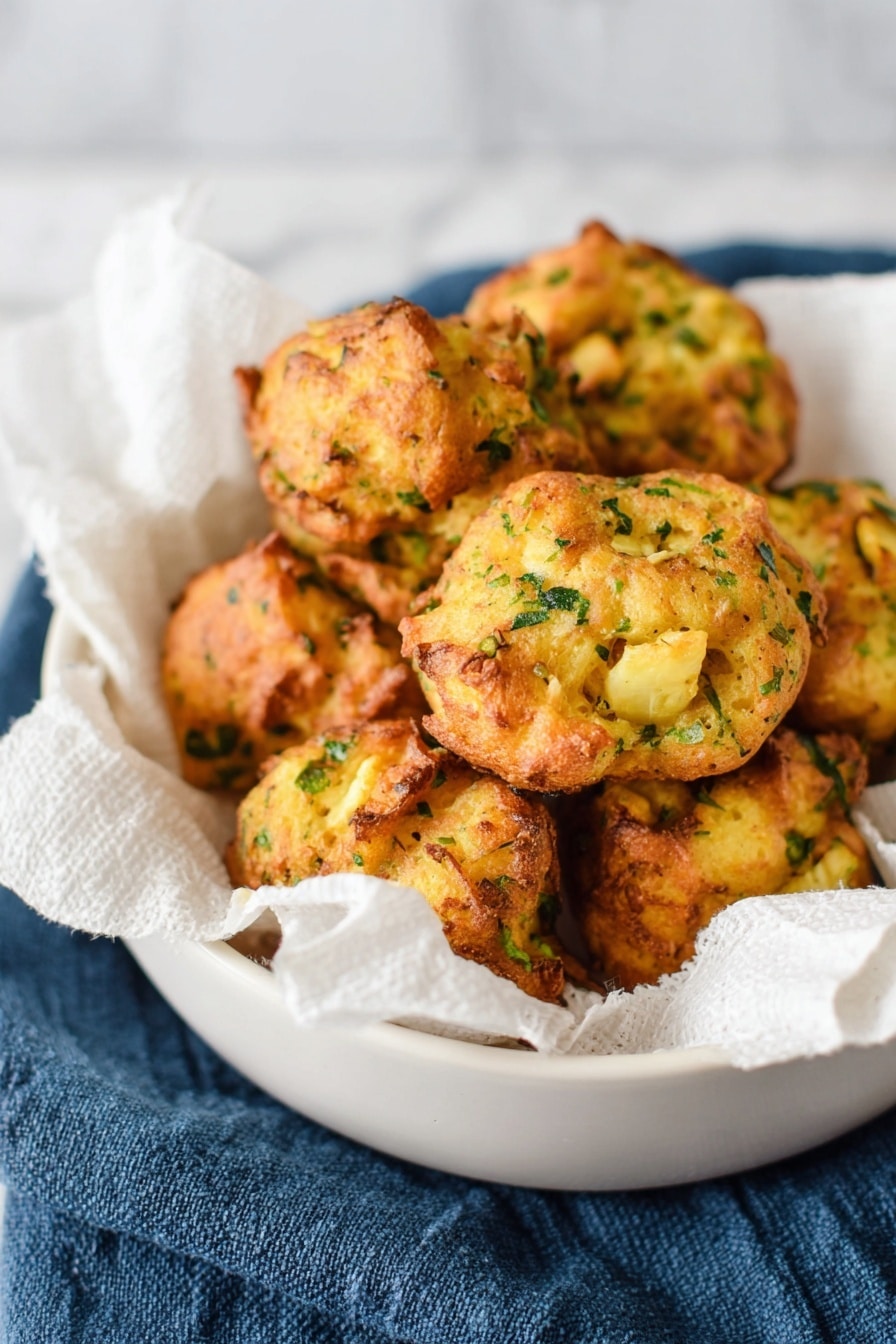 A white bowl lined with white parchment paper holds several round, golden-brown fritters with a rough texture. The fritters show flecks of green herbs and small pieces of light yellow vegetables mixed into the dough. The fritters have a crispy outer layer with some darker browned spots, giving them a homemade look. The bowl sits on a dark blue cloth atop a white marbled surface, creating a clean and simple background. Photo taken with an iphone --ar 2:3 --v 7 - Baked Stuffing Balls with Herbs and Vegetables, stuffing balls, herb and vegetable stuffing, holiday stuffing side dish, savory baked stuffing balls