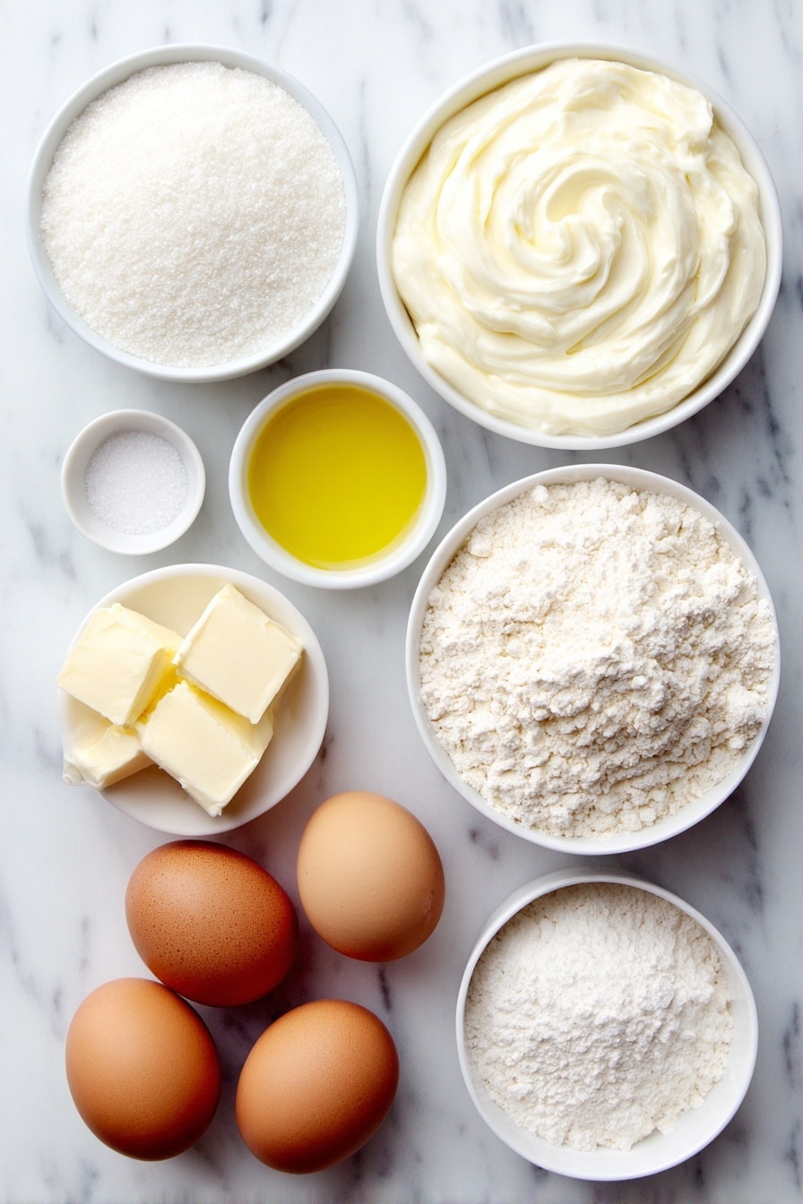 Flat lay of a small white ceramic bowl of creamy plain yogurt, a small white ceramic bowl of granulated sugar, three large whole brown eggs with clean shells, a small white ceramic bowl of golden neutral oil, a small white ceramic bowl of all-purpose flour, a small white ceramic bowl of baking powder, a small white ceramic bowl of fine salt, a few small cubes of golden salted butter, a small white ceramic bowl of clear water, a small white ceramic bowl of vanilla extract, a small white ceramic bowl of almond extract, all arranged with perfect symmetry and balanced proportions, placed on a clean white marble surface, soft natural light, photo taken with an iPhone, professional food photography style, fresh ingredients, white ceramic bowls, no bottles, no duplicates, no utensils, no packaging --ar 2:3 --v 7 --p m7354615311229779997 - French Butter Cake, easy French butter cake, moist buttery cake, simple French cake, classic French dessert