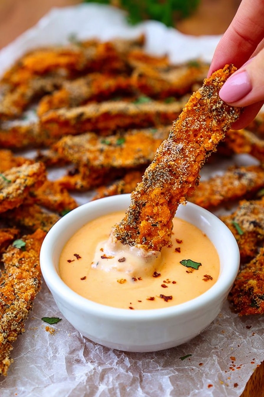 A woman's hand is holding a long, crunchy, orange-brown fried strip seasoned with herbs and spices, partially dipped into a small round white bowl filled with creamy light orange dipping sauce with visible pepper flakes. Underneath, a white marbled surface is covered with crinkled parchment paper holding many more of the same seasoned, fried strips scattered around, all with a rough, crispy texture and garnished with small green herb pieces. photo taken with an iphone --ar 2:3 --v 7 - Garlic Parmesan Sweet Potato Wedges, crispy sweet potato fries, baked sweet potato wedges, garlic Parmesan side dish, healthy vegetable side