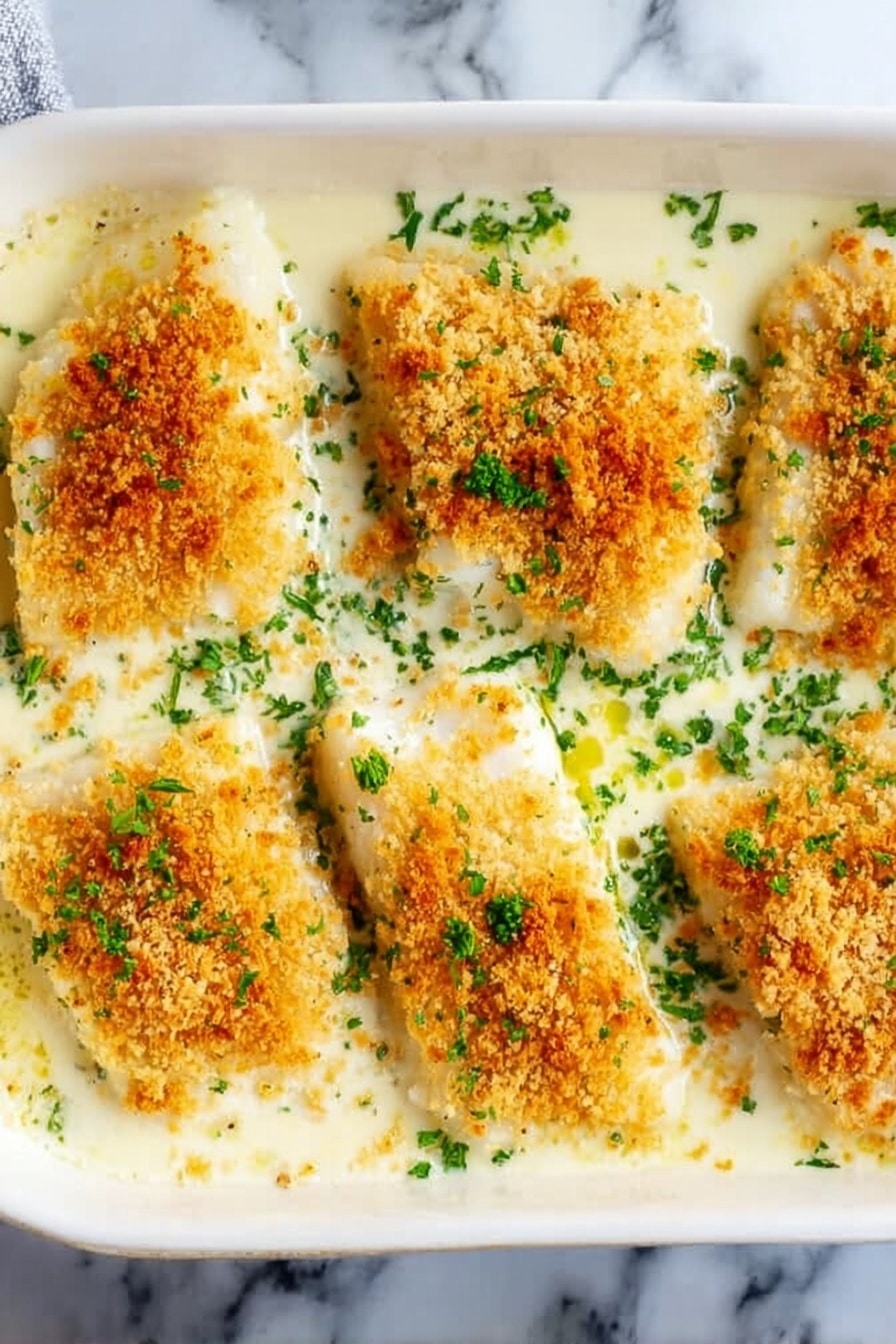 A white rectangular dish filled with a creamy white sauce layer that looks smooth and thick. On top, six pieces of fish with a golden-brown crumb layer spread evenly across each piece. The fish pieces are arranged in two rows of three. Green chopped herbs are sprinkled over the fish and sauce, adding a fresh color contrast. The surface under the dish has a white marbled texture. photo taken with an iphone --ar 2:3 --v 7 - Creamy Baked Cod with Garlic and Parmesan, baked cod with garlic and Parmesan, easy creamy baked fish, flaky baked cod recipe, healthy seafood dinner