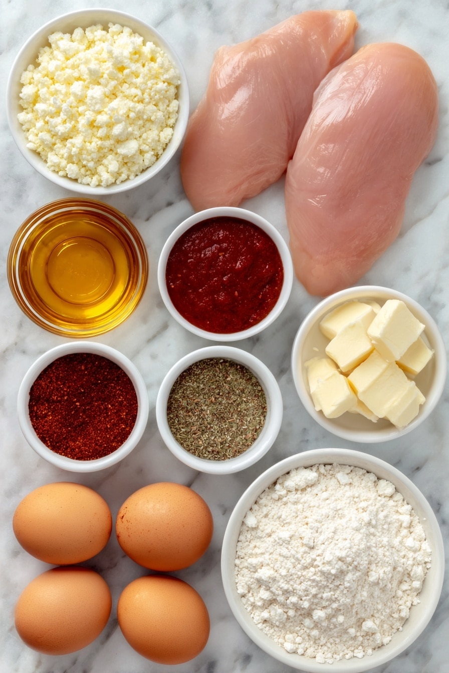 Flat lay of a small white ceramic bowl of golden honey, a small white ceramic bowl of bright red hot sauce, a small white ceramic bowl of deep red chili flakes, two whole raw chicken breasts with natural pink tones, a small white ceramic bowl of rich red paprika powder, a small white ceramic bowl of coarse white plain flour, two whole uncracked brown eggs, a small white ceramic bowl of pale beige panko breadcrumbs, a small white ceramic bowl of crumbly white feta cheese, and a small white ceramic bowl of mixed dried spices including salt, onion powder, garlic powder, dried oregano, black pepper, and cayenne pepper, each ingredient fresh and natural, arranged in perfect symmetry on a clean white marble surface, soft natural light, photo taken with an iPhone, professional food photography style, fresh ingredients, white ceramic bowls, no bottles, no duplicates, no utensils, no packaging --ar 2:3 --v 7 --p m7354615311229779997 - Crispy Chicken with Hot Honey and Feta, Crispy Chicken with Hot Honey and Feta, spicy sweet chicken, easy crispy chicken recipe, gourmet chicken dinner