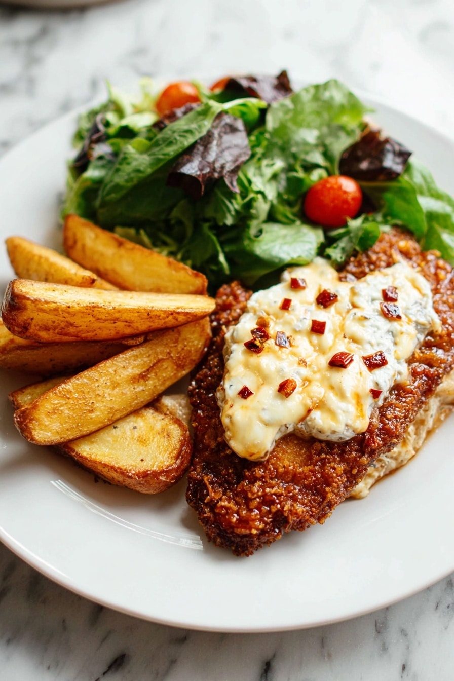 A white plate holds a meal with three main parts: on the right, a crispy brown fried item topped with a thick, creamy white layer that has a slightly melted texture and small red chili flakes scattered on top; on the left side, golden brown potato wedges with a crunchy look stacked next to each other; at the top of the plate, a fresh green salad made of leafy greens and small red tomato pieces. The plate sits on a white marbled surface. Photo taken with an iphone --ar 2:3 --v 7 - Crispy Chicken with Hot Honey and Feta, Crispy Chicken with Hot Honey and Feta, spicy sweet chicken, easy crispy chicken recipe, gourmet chicken dinner