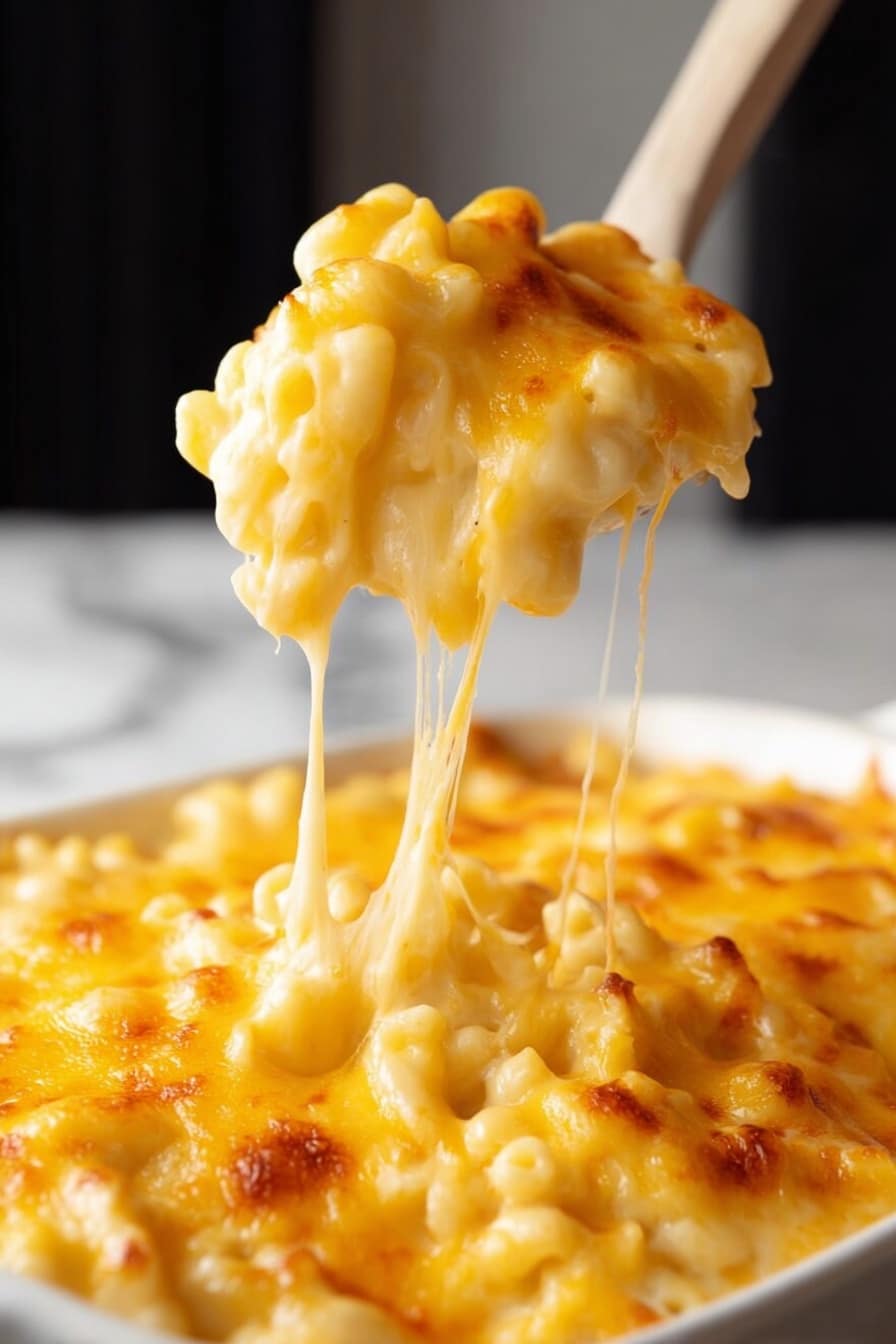 A close-up view shows a white spoon lifting a large scoop of macaroni and cheese from a white casserole dish filled with the same. The macaroni is covered by a thick layer of melted yellow cheese that is smooth and shiny with some browned spots on top, showing a slightly bubbly texture. Long thin strings of cheese stretch down from the scoop back to the dish. The macaroni underneath is creamy white and round shaped. The background is a white marbled surface with a blurred black and white backdrop. photo taken with an iphone --ar 2:3 --v 7 - Viral Mac and Cheese, easy mac and cheese, cheesy comfort food, creamy mac and cheese, homemade mac and cheese