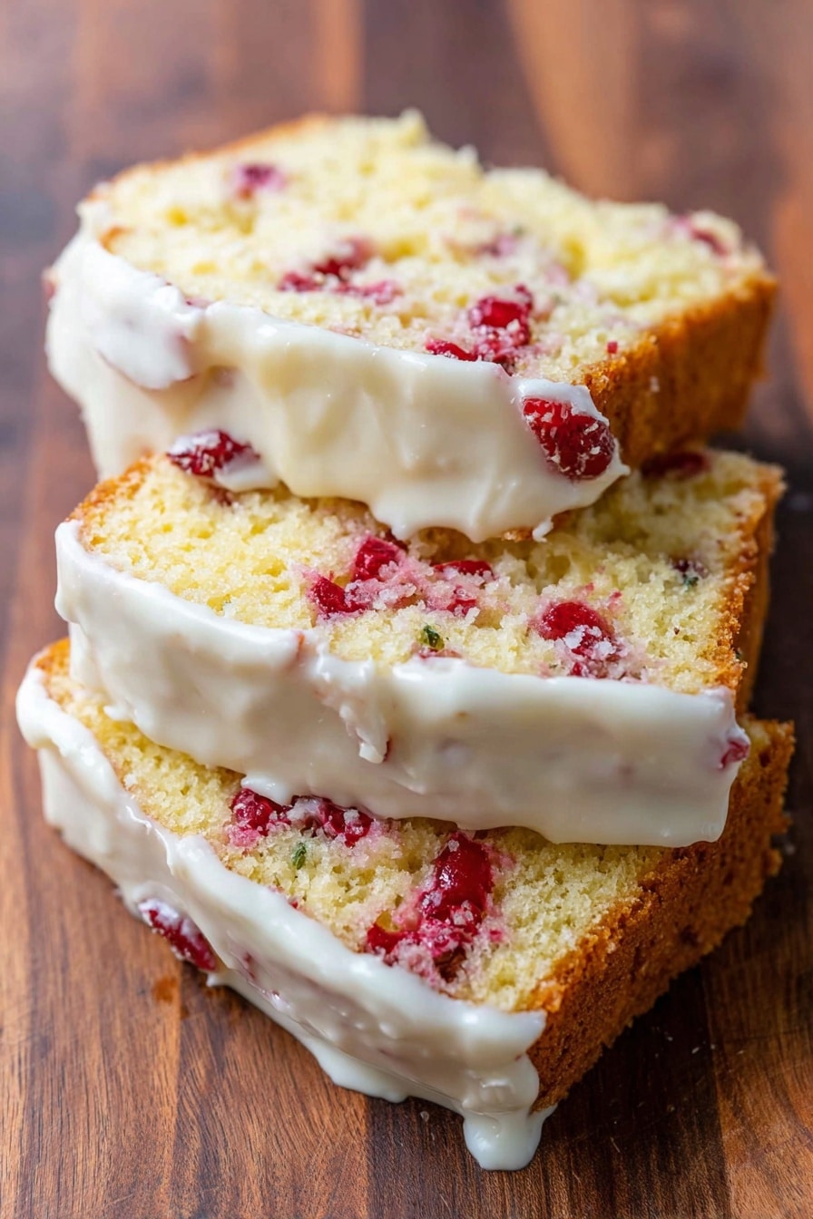 The image shows three slices of a yellow cake with pieces of red fruit inside. The cake appears moist with a soft texture, and it is topped with a thick white icing that drips slightly over the sides. The layers include the golden-brown crust at the bottom, a middle layer filled with red fruit chunks, and the creamy white icing layer on top. The slices are placed on a wooden surface with visible grain patterns. Photo taken with an iphone --ar 2:3 --v 7 - Cranberry Orange Bread, Cranberry Orange Bread with Glaze, Holiday Cranberry Bread, Quick Cranberry Bread, Moist Cranberry Bread
