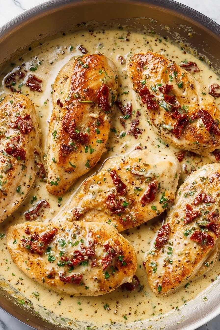 The image shows a close-up of two thick pieces of cooked chicken stacked with creamy sauce on top and around them. The chicken is light brown with a slightly crispy texture on the outside and white inside. The creamy sauce is light yellow with visible chunks of red sun-dried tomatoes and small green herbs mixed in, giving it a rich and textured look. The layers show the thick sauce covering the entire surface of the chicken pieces, with some sauce pooling at the bottom. The background is a white marbled texture. photo taken with an iphone --ar 2:3 --v 7 - Creamy Marry Me Chicken, creamy chicken pasta, easy chicken dinner, comforting chicken recipe, rich creamy chicken sauce