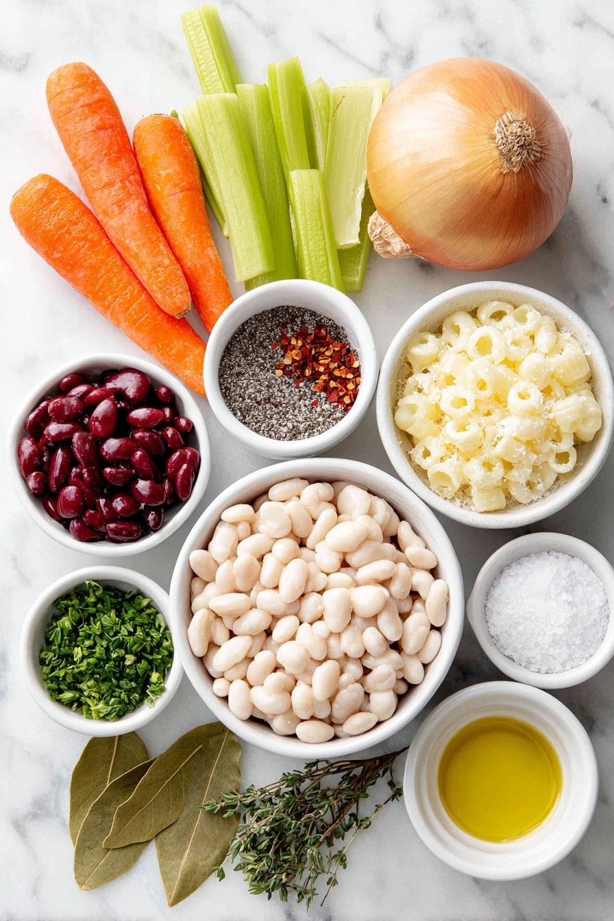 Flat lay of a small white ceramic bowl filled with extra-virgin olive oil, a medium whole uncracked yellow onion, two fresh whole carrots with vibrant orange skin, two celery ribs thinly sliced and arranged, a small white ceramic bowl of coarse sea salt, a small white ceramic bowl of freshly ground black pepper, three whole unpeeled garlic cloves, a small white ceramic bowl of diced ripe red tomatoes, a small white ceramic bowl of cooked white beans, a small pile of chopped fresh green beans, two dried bay leaves placed flat, a small white ceramic bowl of dried oregano, a small white ceramic bowl of dried thyme, a small white ceramic bowl with small pasta (such as ditalini) visible, a small pile of chopped fresh parsley, a small white ceramic bowl containing red pepper flakes, and a small white ceramic bowl with finely grated Parmesan cheese. All ingredients are fresh and natural, carefully arranged with perfect symmetry and balanced proportions, placed on a clean white marble surface, soft natural light, photo taken with an iPhone, professional food photography style, fresh ingredients, white ceramic bowls, no bottles, no duplicates, no utensils, no packaging --ar 2:3 --v 7 --p m7354615311229779997 - Hearty Vegetable Minestrone Soup, vegetable minestrone recipe, healthy minestrone soup, Italian vegetable soup, quick vegetable soup