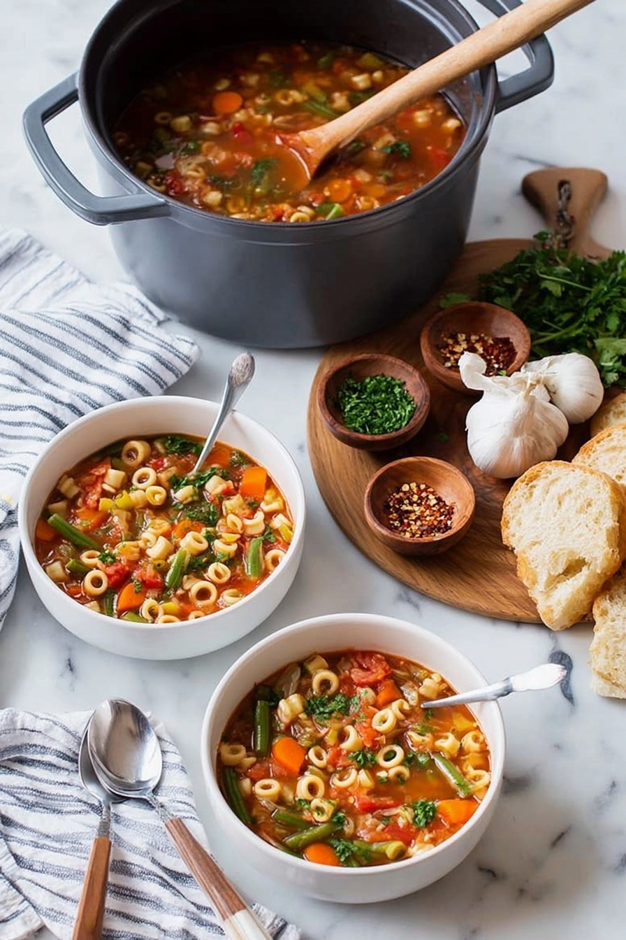 A white bowl and a white cup both filled with a bright orange vegetable soup showing slices of carrots, green beans, small white beans, and small pasta rings, all floating in a clear broth with bits of herbs; a spoon is resting in each bowl. Next to the bowls is a white, round marble surface holding a large pot of the same soup with a wooden spoon lifting some soup and vegetables from it. Around the marble are two white garlic bulbs, a wooden cutting board with chopped green herbs, red chili flakes, fresh green parsley sprigs, and slices of crusty bread next to a bread knife with a wooden handle. A striped cloth is casually placed under the bowls and pot. photo taken with an iphone --ar 2:3 --v 7 - Hearty Vegetable Minestrone Soup, vegetable minestrone recipe, healthy minestrone soup, Italian vegetable soup, quick vegetable soup