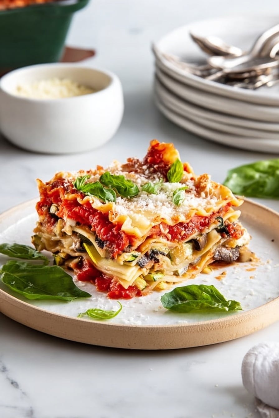 A piece of lasagna with multiple layers sits on a white plate: the top layer is golden brown melted cheese with a red tomato sauce below it and a layer of pasta noodles beneath. Inside, there are visible layers of white cheese mixed with green zucchini pieces and others of cooked mushrooms. Fresh green basil leaves are placed on top and around the lasagna, with some grated cheese sprinkled nearby. The plate is on a white marbled surface, and in the background, there is a white bowl with grated cheese and a stack of white plates with a fork and spoon on top. Photo taken with an iphone --ar 2:3 --v 7 - Vegetarian Roasted Vegetable Lasagna, healthy vegetarian lasagna, easy veggie lasagna, cheesy roasted vegetable bake, plant-based lasagna