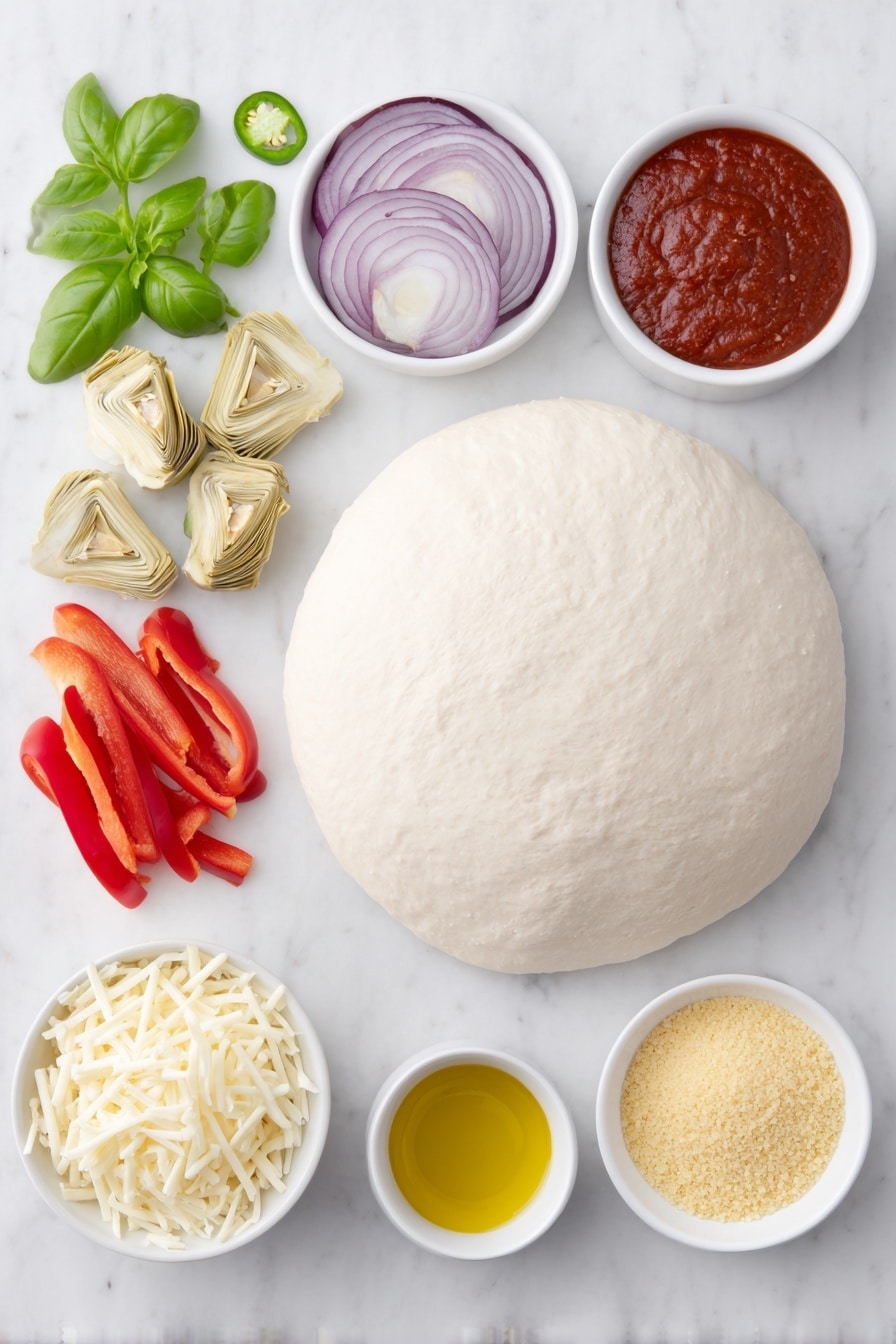Flat lay of a smooth round ball of pizza dough resting next to a small mound of golden cornmeal scattered lightly on the white surface, a small white ceramic bowl filled with vibrant deep red pizza sauce, three small piles of shredded cheese in white ceramic bowls showing creamy white mozzarella, pale yellow Asiago, and slightly crumbly off-white pecorino with large holes visible, thin crescent slices of bright purple-red onion arranged neatly beside glossy slices of roasted red bell peppers, a small cluster of quartered pale green artichoke hearts, thin slices of glossy green jalapeño pepper arranged in a fan shape, a small white ceramic bowl holding clear golden extra-virgin olive oil, a scattering of fresh rich green basil leaves, all ingredients balanced symmetrically and naturally placed on a clean white marble surface, soft natural light, photo taken with an iPhone, professional food photography style, fresh ingredients, white ceramic bowls, no bottles, no duplicates, no utensils, no packaging --ar 2:3 --v 7 --p m7354615311229779997 - Vegetarian Pizza with Roasted Red Peppers, vegetarian pizza recipe, roasted red pepper pizza, easy vegetarian pizza, flavorful homemade pizza