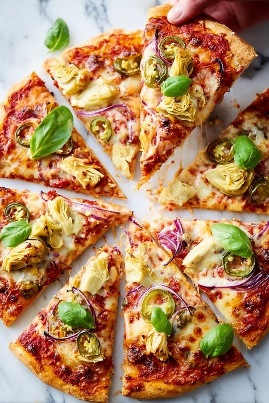 A round pizza sliced into eight pieces on a white marbled surface, each slice topped with melted light golden cheese, chunks of pale yellow artichoke hearts, thin slices of red onion, small rings of green jalapeno, and bits of red tomato sauce underneath the cheese. Bright green fresh basil leaves are scattered on top of the slices, adding a pop of color. The crust is golden brown and slightly crisped at the edges, showing some browning and texture. A woman's hand is pulling one slice away, stretching a thin string of melted cheese between the slice and the rest of the pizza. photo taken with an iphone --ar 2:3 --v 7 - Vegetarian Pizza with Roasted Red Peppers, vegetarian pizza recipe, roasted red pepper pizza, easy vegetarian pizza, flavorful homemade pizza