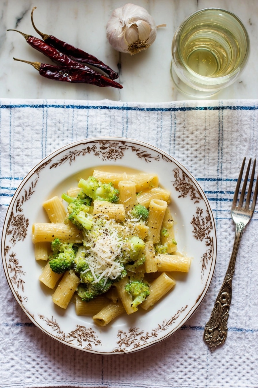 A white plate with a delicate brown floral border holds one layer of short tube-shaped pasta mixed with small, bright green broccoli florets. On top of the pasta and broccoli, there is a small pile of white grated cheese and a light sprinkling of black pepper. The plate is placed on a white waffle-textured cloth with blue stripes. To the top right of the plate, there is a clear glass filled with a light yellow liquid. Two dark red dried chili peppers and a bulb of garlic are placed on the white marbled surface at the top left. A metal fork with a detailed handle is set on the cloth to the right of the plate. photo taken with an iphone --ar 2:3 --v 7 - Romanesco Broccoli Pasta with Pecorino, Romanesco broccoli pasta, healthy Romanesco pasta recipe, easy Romanesco broccoli dish, Italian Romanesco pasta