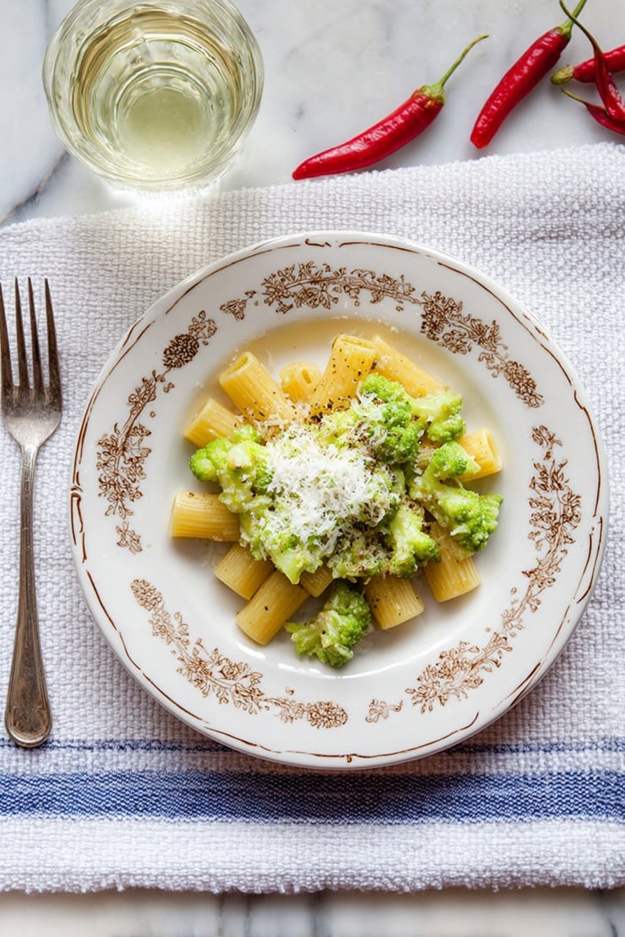 A white plate with a delicate brown floral pattern holds a dish showing two main layers: the bottom layer is yellow pasta tubes arranged in a small mound, and the top layer consists of light green pieces of broccoli or romanesco. On top of the vegetables, there is a small pile of grated white cheese, slightly melting with a sprinkle of black pepper scattered around. The plate is placed on a white textured towel with blue stripes, resting on a white marbled surface. Next to the plate is a silver fork, and above is a glass with a light yellow liquid. Two red chili peppers lie near the top edge of the image. photo taken with an iphone --ar 2:3 --v 7 - Romanesco Broccoli Pasta with Pecorino, Romanesco broccoli pasta, healthy Romanesco pasta recipe, easy Romanesco broccoli dish, Italian Romanesco pasta