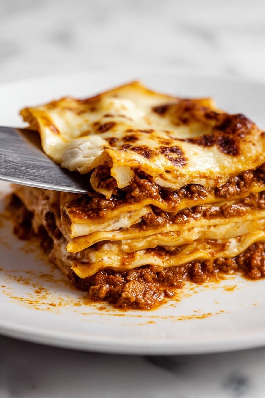 A square slice of lasagna with six visible pasta layers stacked closely, separated by thick, rich brown meat sauce and creamy orange tomato sauce, topped with a browned, melted layer of white cheese. The edges of the pasta are slightly crisp and curled. A woman’s hand is holding a fork on the left side of the lasagna, and a knife is cutting into the right side of the slice. The dish is served on a clean white plate with a white marbled surface in the background. photo taken with an iphone --ar 2:3 --v 7 - Authentic Lasagne Bolognese, homemade lasagne layers, traditional Italian lasagne, slow-cooked meat sauce, creamy béchamel lasagne