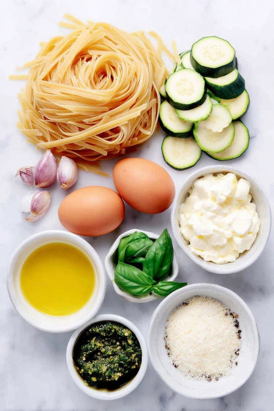 Flat lay of a pound of uncooked spaghetti pasta nestling beside two whole uncracked brown eggs, a small stack of thinly sliced fresh zucchini rounds, a small pile of thinly sliced shallots, a few whole garlic cloves with their papery skin intact, a small white ceramic bowl filled with golden extra virgin olive oil, a small white bowl holding a pat of creamy butter, a small white bowl containing thick heavy cream, a small white bowl with bright green fresh basil leaves, a small white bowl with vibrant green pesto sauce, a small white bowl filled with pale off-white grated Pecorino Romano cheese, and a small white bowl with a mix of coarse salt and freshly ground black pepper, all placed symmetrically on a clean white marble surface, soft natural light, photo taken with an iPhone, professional food photography style, fresh ingredients, white ceramic bowls, no bottles, no duplicates, no utensils, no packaging --ar 2:3 --v 7 --p m7354615311229779997 - Creamy Zucchini Pasta with Basil, zucchini pasta recipe, basil pasta, healthy zucchini pasta, summer pasta dishes