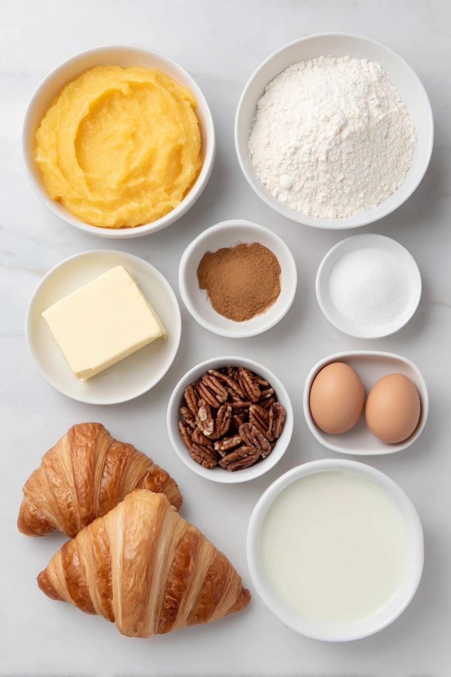Flat lay of a small white ceramic bowl of bright orange pumpkin puree, a small white bowl filled with light brown packed sugar, a small white bowl with melted golden butter, a small white bowl holding warm brown pumpkin spice, another small white bowl of rich ground cinnamon, a small white bowl with deep brown ground allspice, a small white bowl heaped with fine pale all-purpose flour, three neat crescent roll dough sheets folded softly, a small pile of whole uncracked brown eggs with smooth shells, a small white bowl filled with chopped glossy pecan pieces, a small white bowl holding white powdered sugar, and a small white bowl with creamy whole milk, arranged in perfect symmetry on a clean white marble surface, soft natural light, photo taken with an iPhone, professional food photography style, fresh ingredients, white ceramic bowls, no bottles, no duplicates, no utensils, no packaging --ar 2:3 --v 7 --p m7354615311229779997 - Pumpkin Cinnamon Roll Muffins, Pumpkin Muffin Recipes, Fall Breakfast Ideas, Easy Pumpkin Muffins, Cinnamon Roll Muffins