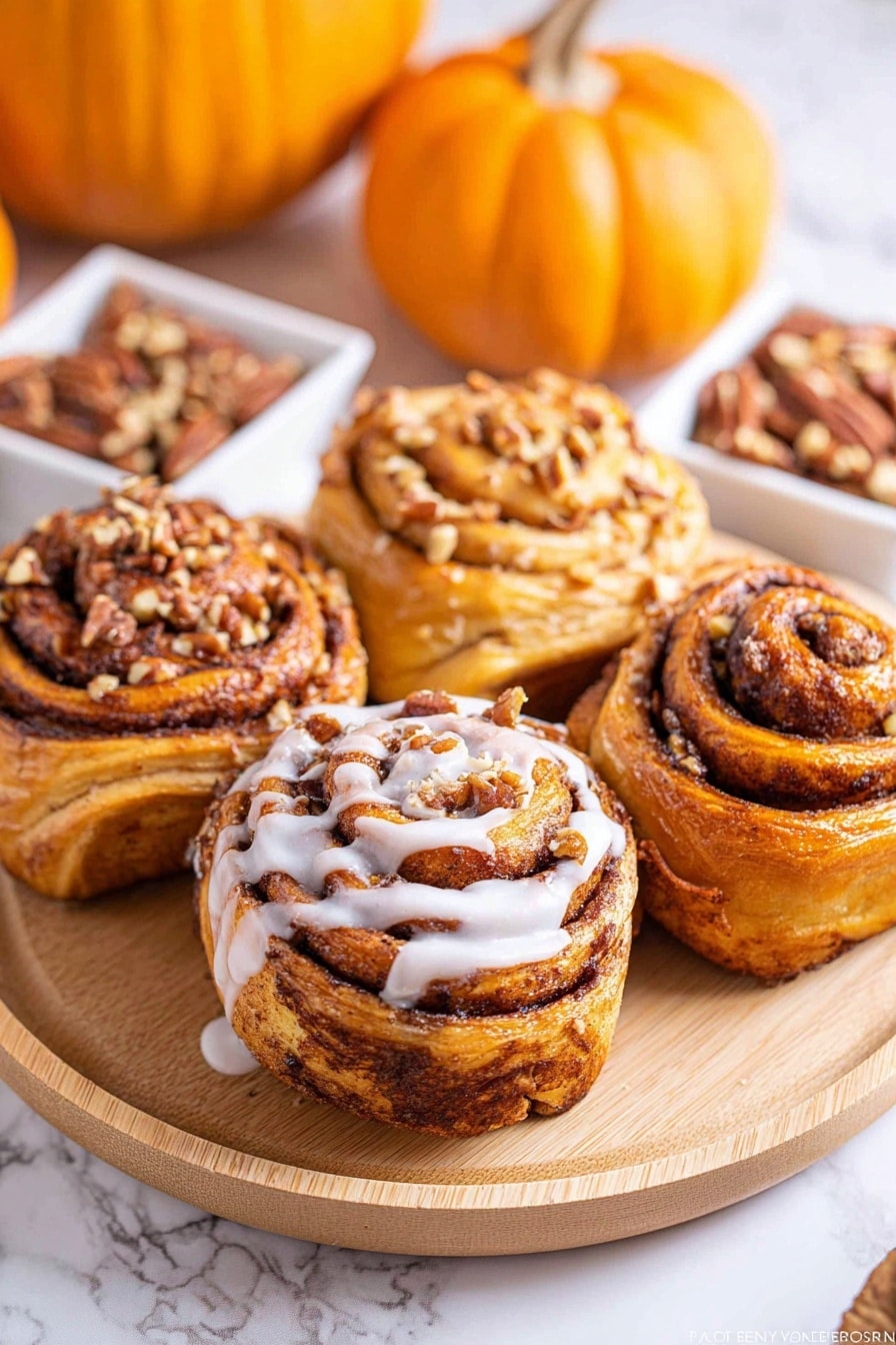 The image shows a black metal muffin tray filled with nine cinnamon rolls. Each roll has multiple layers of golden brown dough swirled with deep brown cinnamon filling. The rolls are topped with a light sprinkle of brown sugar and chopped pecans, adding texture. One indentation in the tray holds a small, white metal cup filled with white icing, with a spoon resting inside. The background surface is white marble. photo taken with an iphone --ar 2:3 --v 7 - Pumpkin Cinnamon Roll Muffins, Pumpkin Muffin Recipes, Fall Breakfast Ideas, Easy Pumpkin Muffins, Cinnamon Roll Muffins
