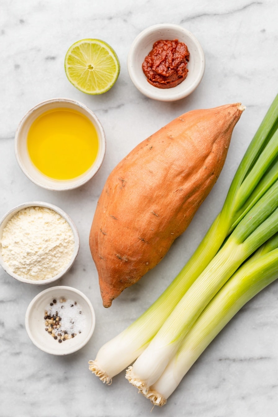Flat lay of a fresh whole sweet potato with vibrant orange skin, a small heap of fine white cornstarch powder on a simple white ceramic plate, two fresh spring onions with bright white bulbs and green stalks trimmed off, a small white ceramic bowl of golden olive oil, a small white ceramic bowl containing smooth creamy vegan yoghurt, a neat dollop of deep red gochujang paste on a white ceramic dish, a small white ceramic bowl holding amber maple syrup, a halved lime showing its juicy green flesh, a small white ceramic bowl with coarse sea salt crystals, and a small white ceramic bowl filled with freshly ground black pepper, all arranged symmetrically and naturally placed on a clean white marble surface, soft natural light, photo taken with an iPhone, professional food photography style, fresh ingredients, white ceramic bowls, no bottles, no duplicates, no utensils, no packaging --ar 2:3 --v 7 --p m7354615311229779997 - Baked Vegan Sweet Potato Hash Browns, vegan hash browns, crispy sweet potato hash, healthy vegan breakfast, plant-based hash browns